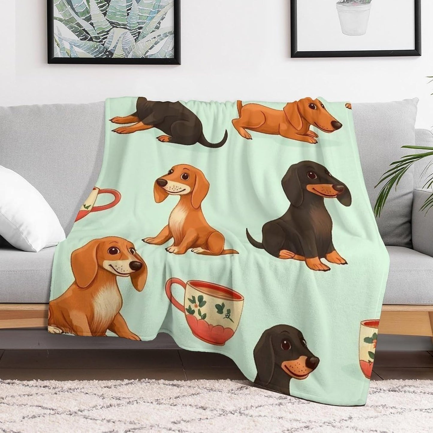 Cute Coffee Dachshund Throw Blanket for Couch Bed Plush Cozy Fuzzy Flannel Blanket for All Season 55"x70"