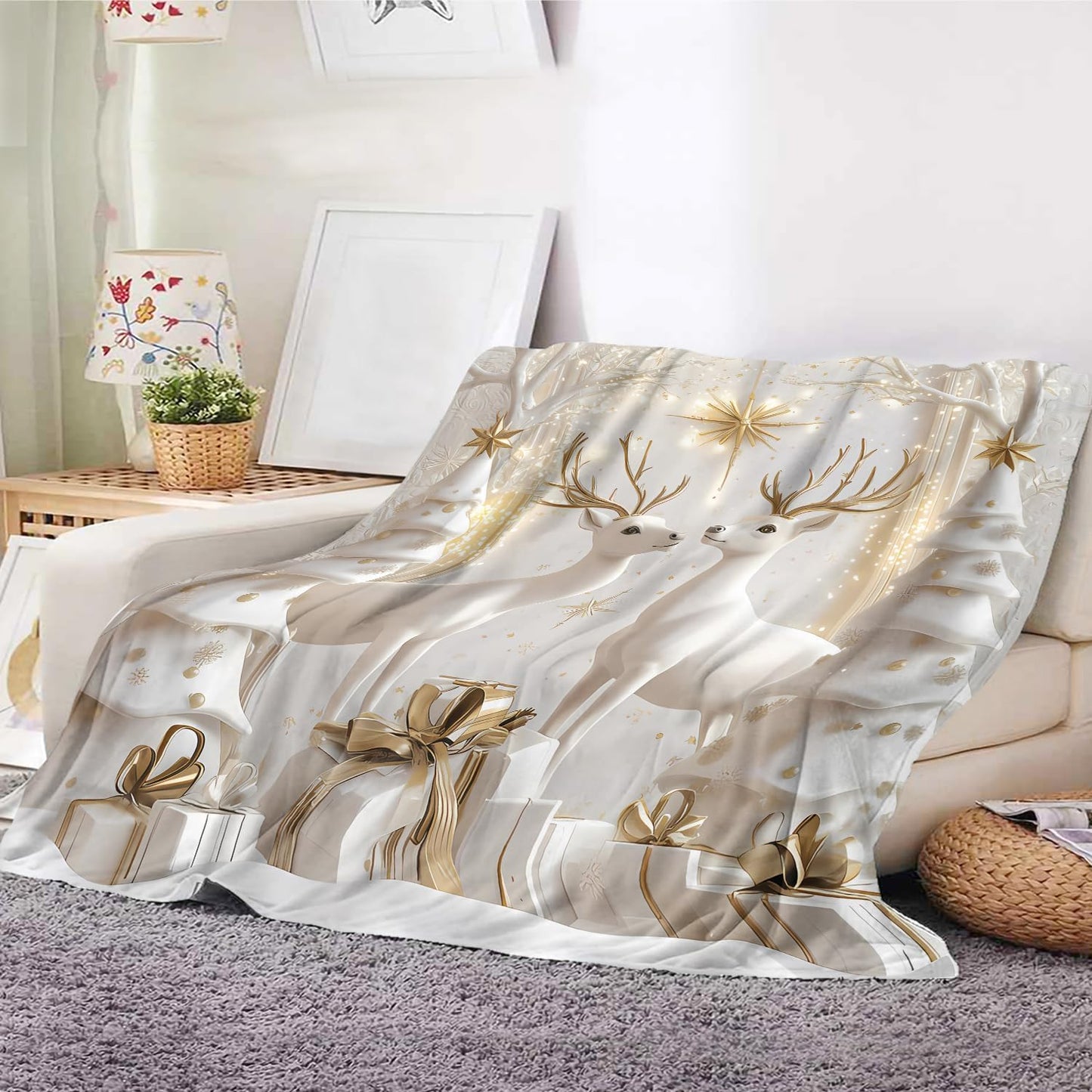 Luxury Christmas Blanket with Reindeer and Snow Scene Soft Cozy Holiday Flannel Blanket Winter Throw Blanket for Couch Sofa Bed Living Room Christmas Decor Xmas Gifts 50''x60'' (Xmas 3)