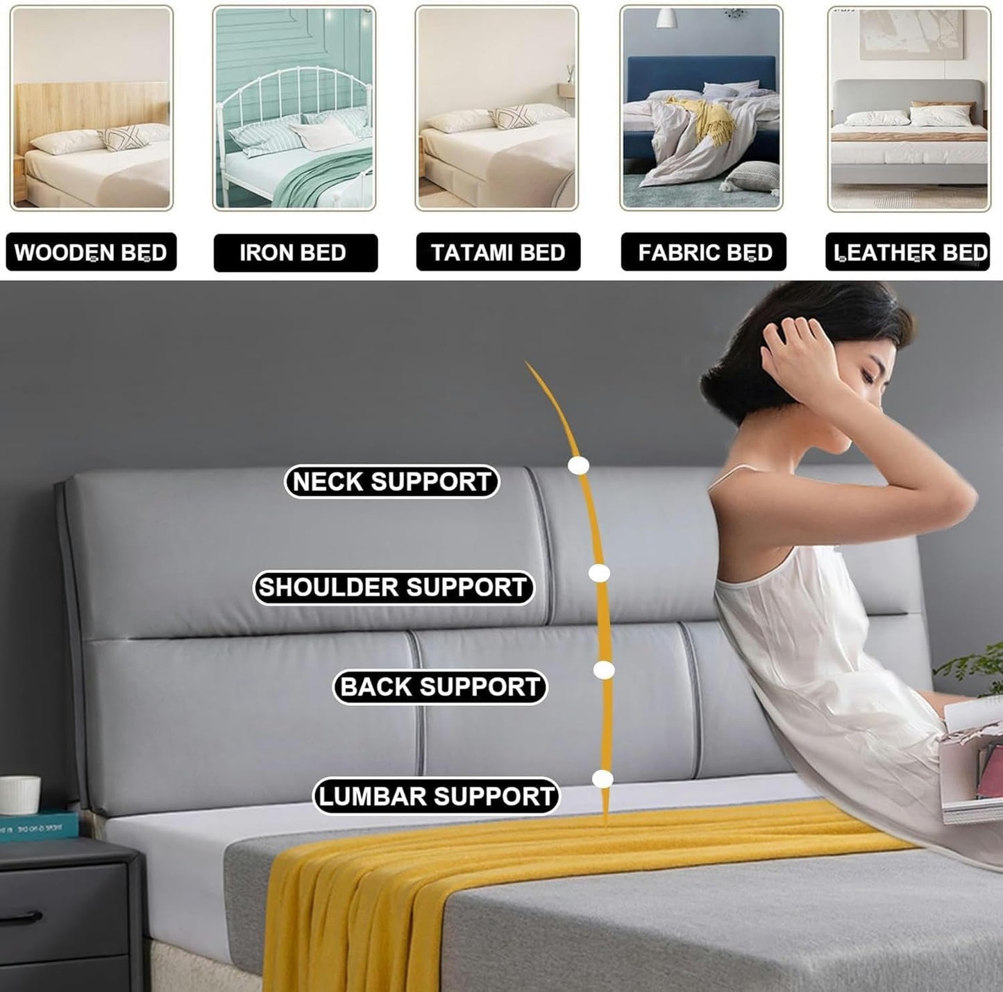 AMNOOL Reading Bed Rest Pillow Large Backrest Headboard Cushion Pillowboard Wedge Upholstered Adult Shoulder Lumbar Support Bolster for Dorm Room Daybed, Gray