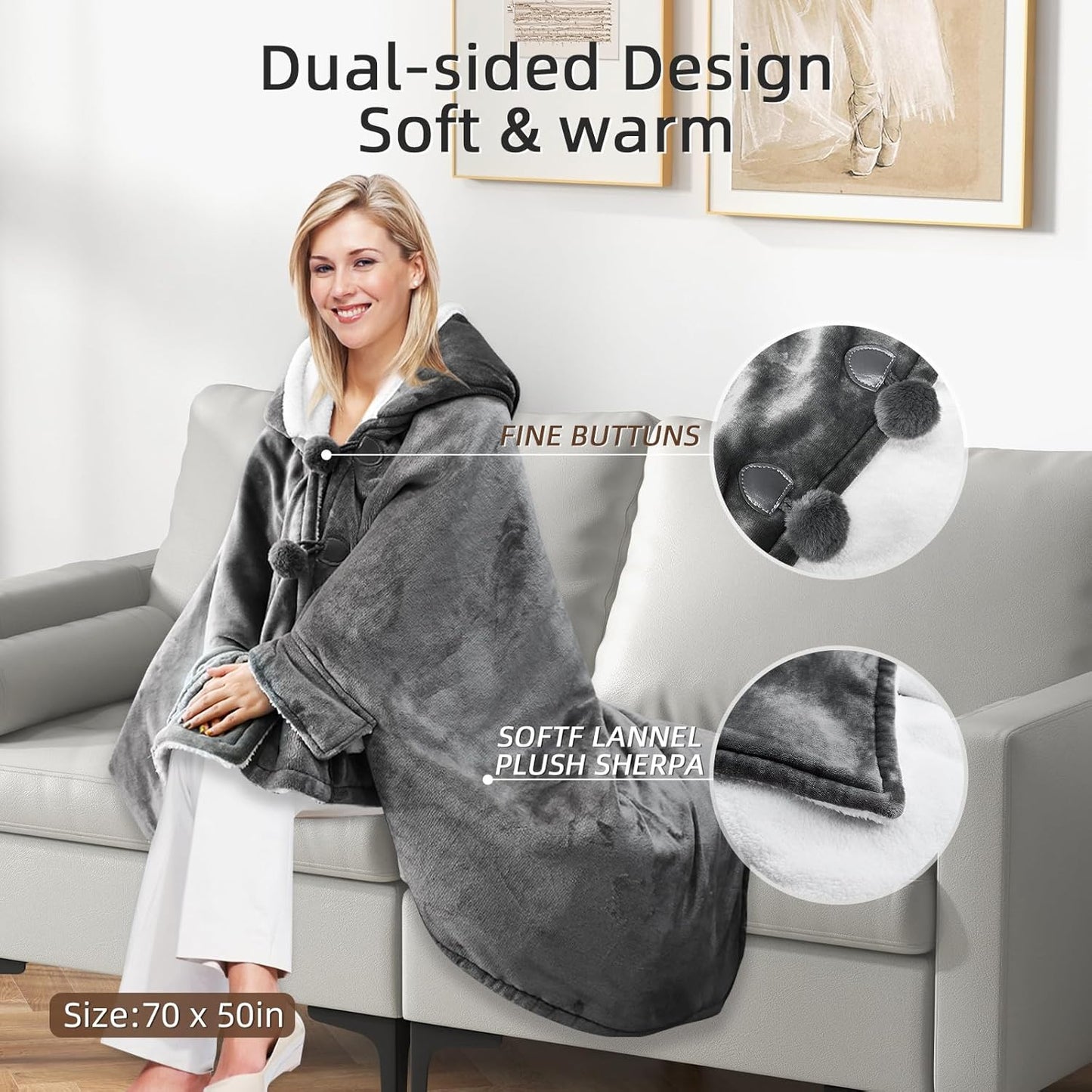 Heated Blanket Wearable Shawl, Electric Heated Wrap Poncho Shawl 50 x 70 Inch with Pockets for Adult, Warm Sherpa Heating Throw with 3 Heating Levels & Multi Time Settings