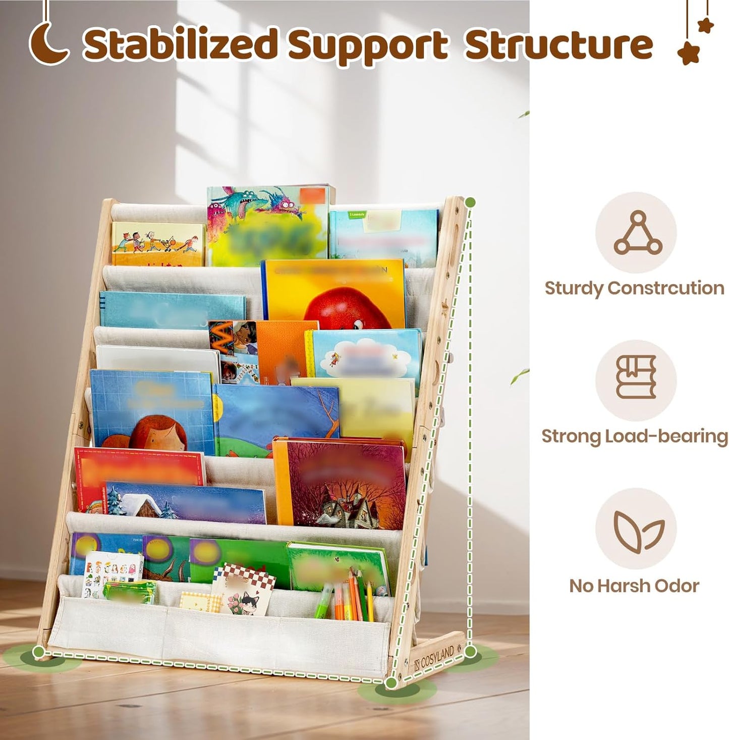 COSYLAND 7-Tier Kids Bookshelf - Wooden Sling Book Rack with Deep Pockets, Nursery & Playroom Organizer, Fabric Storage Shelf for Toddlers, Easy-Access Display, Natural Walnut