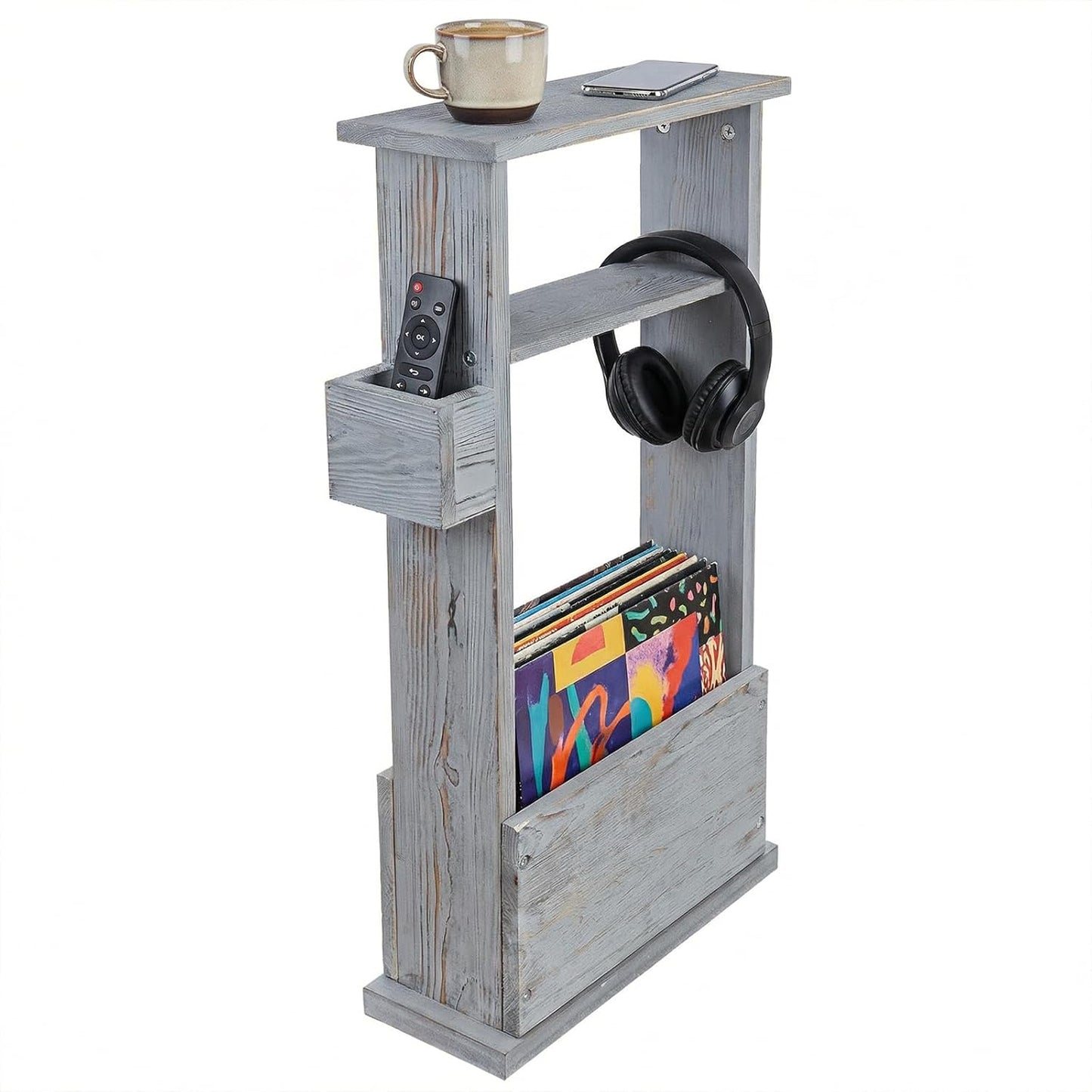 MyGift Narrow Side Table, Slim End Sofa Table in Vintage Gray Wood with Storage Shelf, Magazine and Remote Holder