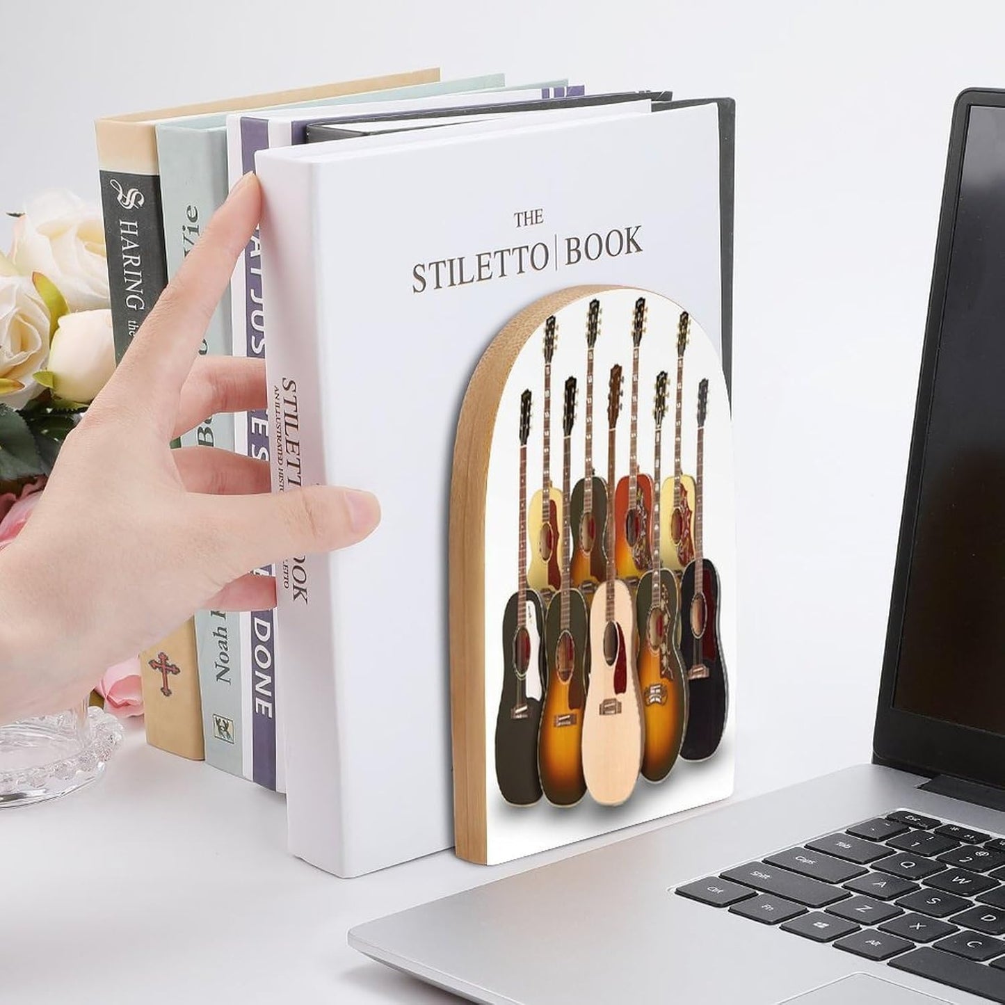 Guitar Wooden Bookend Non-Slip Book Ends Heavy Duty Book Stopper with Metal Base Books Holderd Decorative Bookends Stands Firmly for Office Supplies