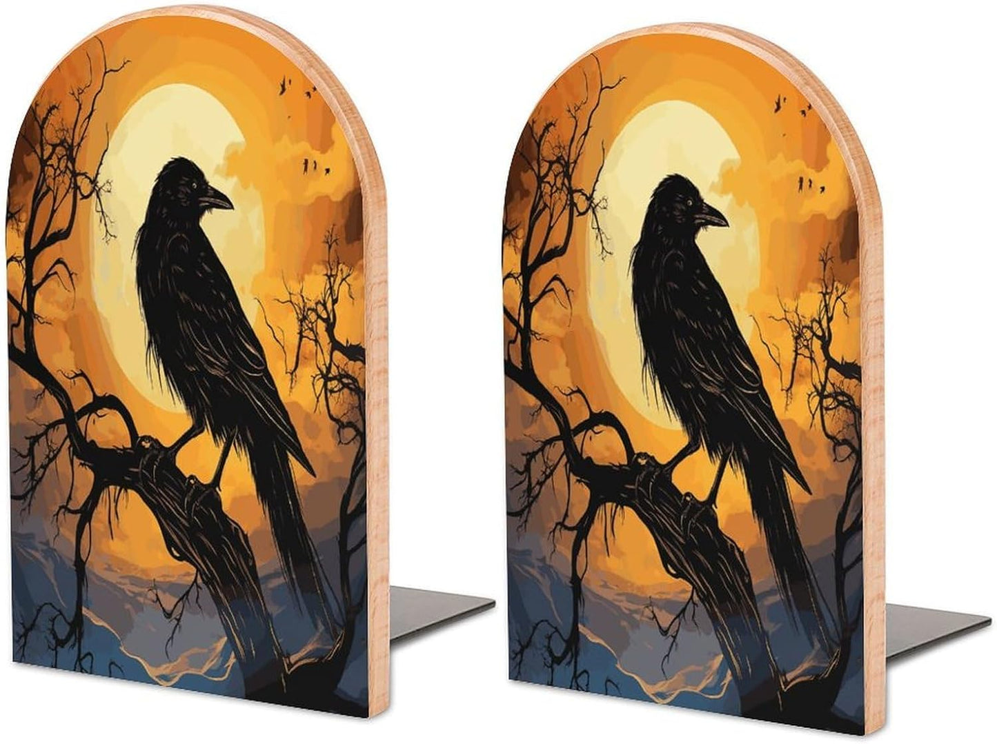 Non-Slip Bookend for Shelves Crow Wooden Bookends with Metal Base Decorative Book Stopper for Home Heavy Duty Wood Book Storage for Books/CDs