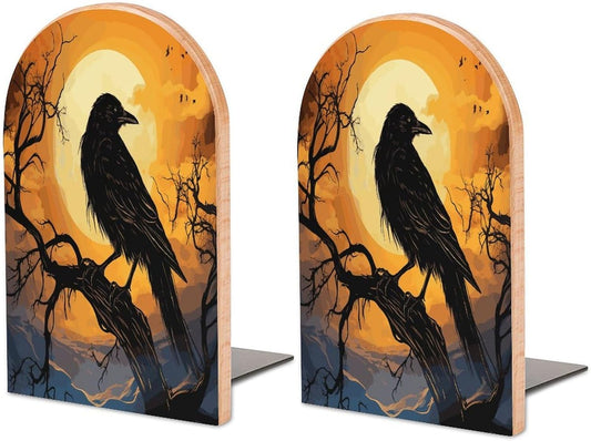 Non-Slip Bookend for Shelves Crow Wooden Bookends with Metal Base Decorative Book Stopper for Home Heavy Duty Wood Book Storage for Books/CDs