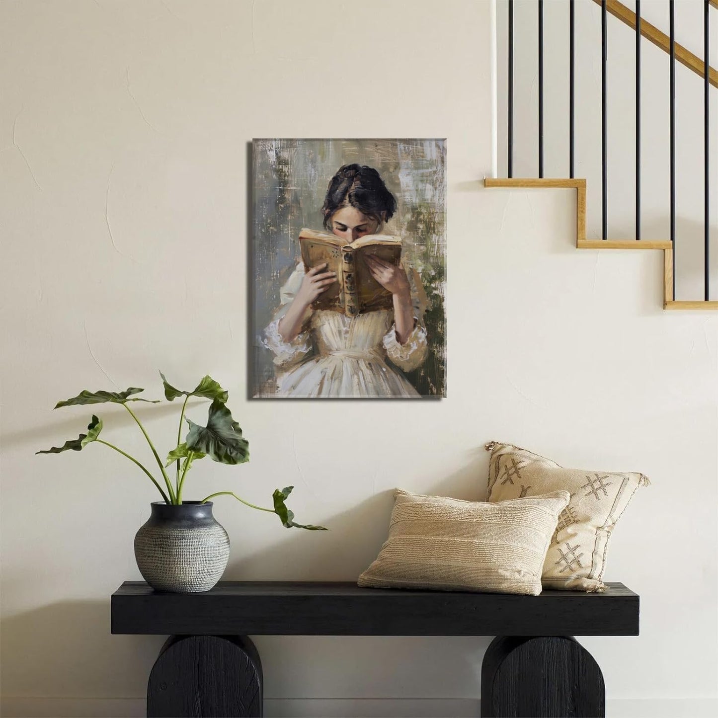 Vintage Victorian Woman Reading Book Wall Art Light Academia Wall Decor Paintings Picture Moody Girl Aesthetic Poster Canvas Print for Bedroom Living Room Dorm Library Nook 12x16Inch Framed