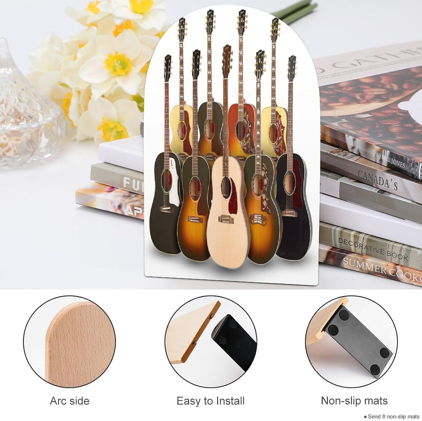 Guitar Wooden Bookend Non-Slip Book Ends Heavy Duty Book Stopper with Metal Base Books Holderd Decorative Bookends Stands Firmly for Office Supplies