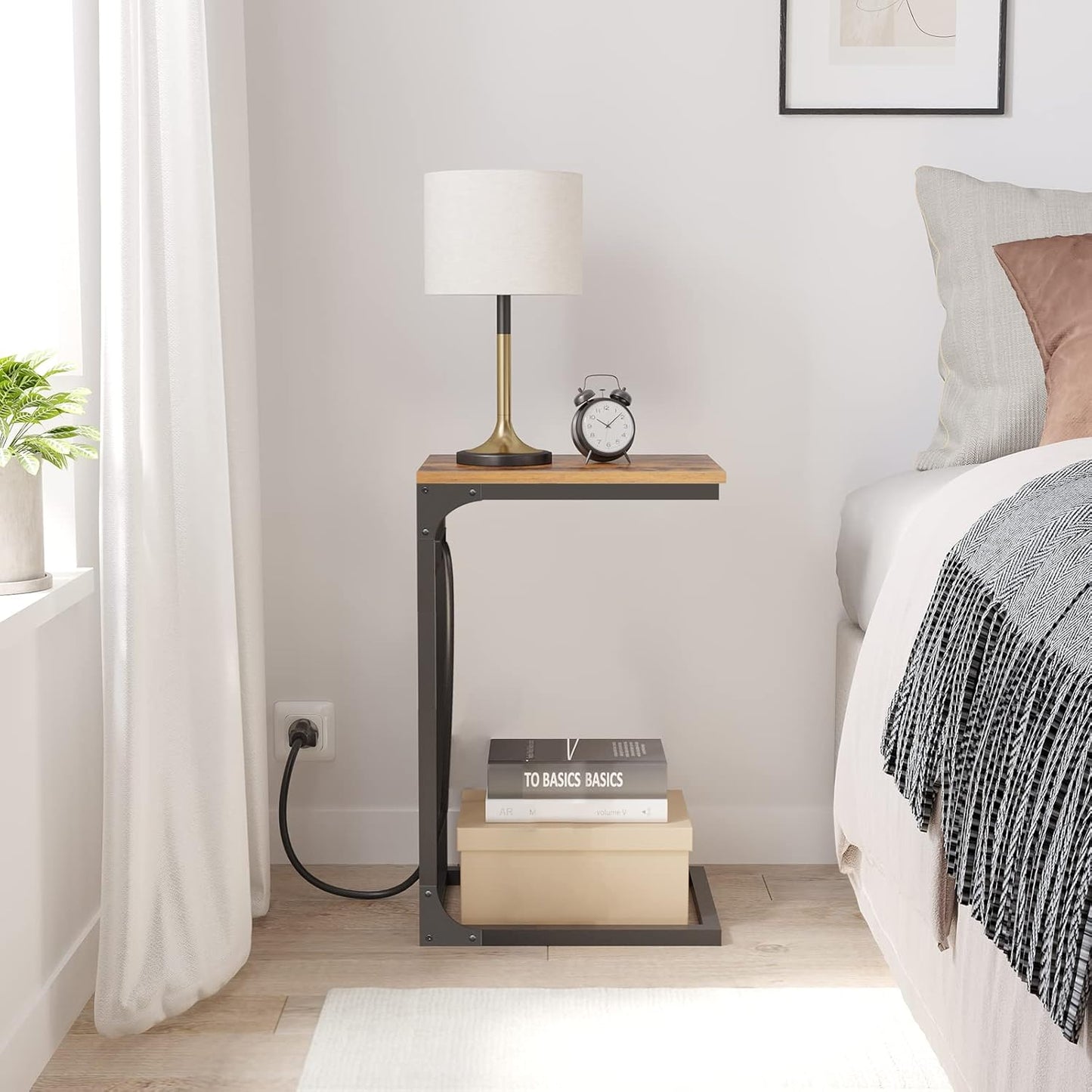 C-Shaped End Table with Charging Station — Storage Bag, 2 USB Ports, AC Outlets, for Living Room / Bedroom...