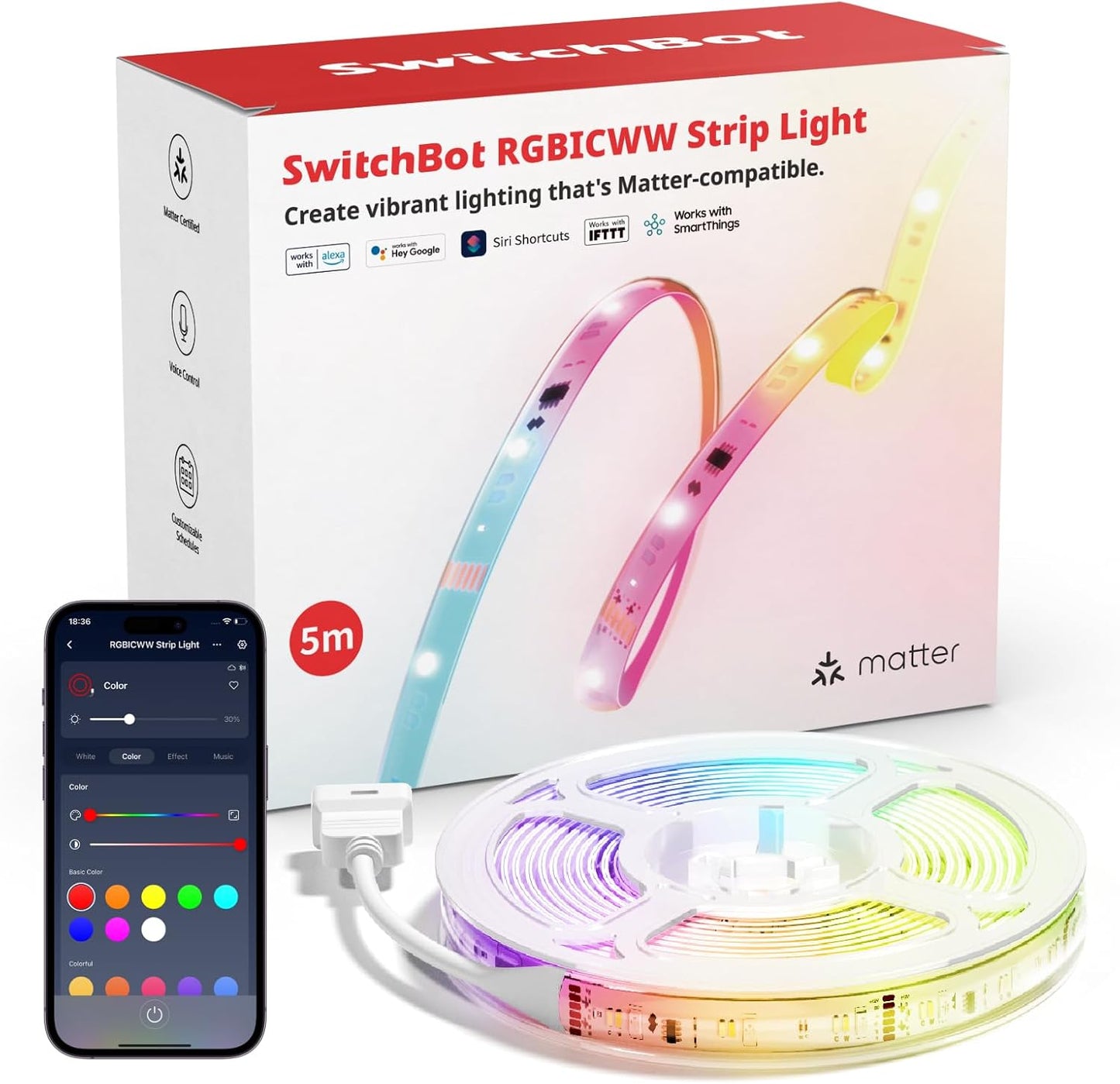 SwitchBot LED Strip Light 5M Work with Alexa, 72 LEDs/m, Matter LED Lights Compatible with Apple Home, Google Home, 16 Million Colors, Music Sync, DIY Color Changing RGB Lights for Bedroom, Party, TV