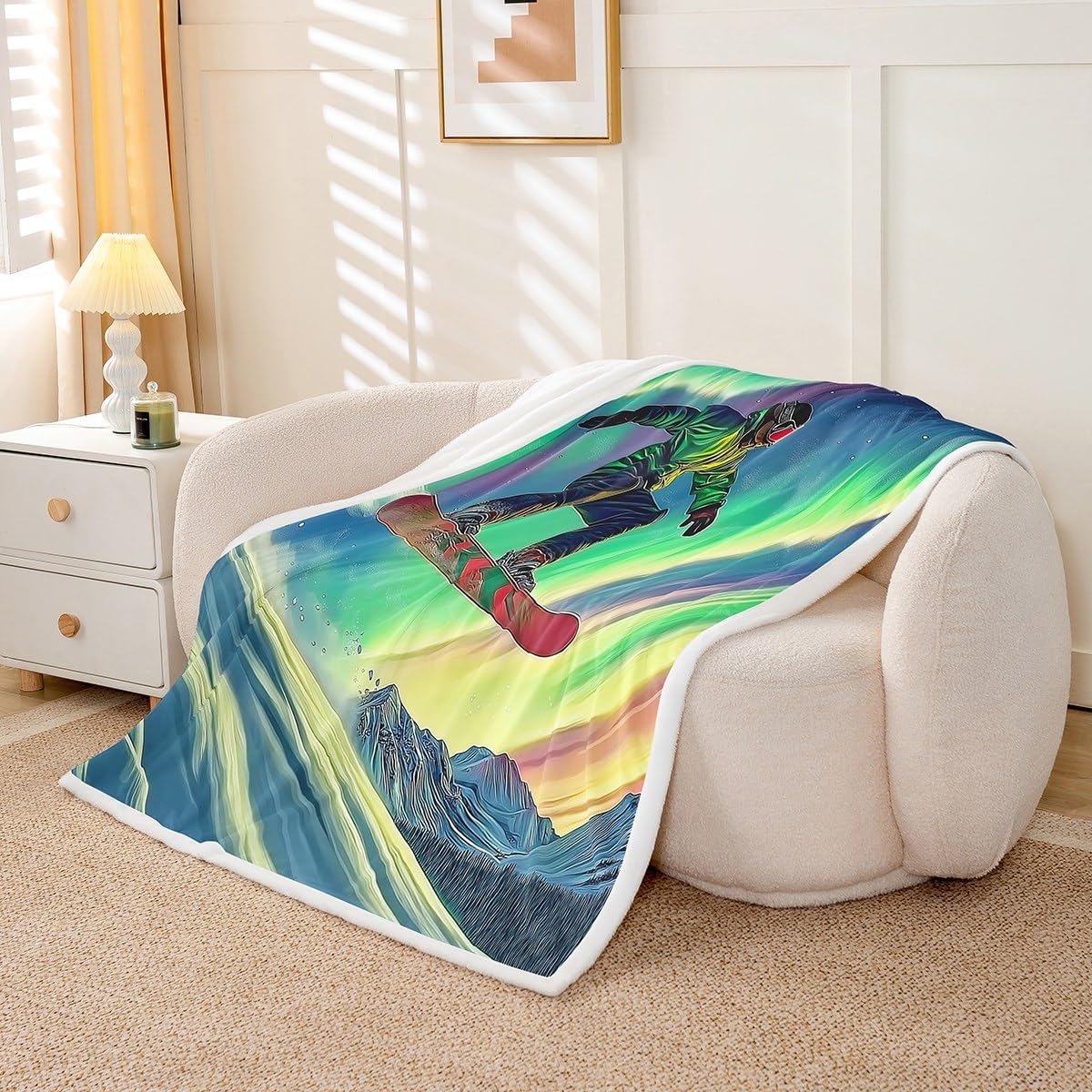 Erosebridal Aurora Skiing Blanket Throw 60"x80",Winter Ski Themed Blankets and Throws for Kids Adults,Snowboard Skier Fleece Blanket Snow Mountain Scene Sherpa Blanket for Living Room Home Decor