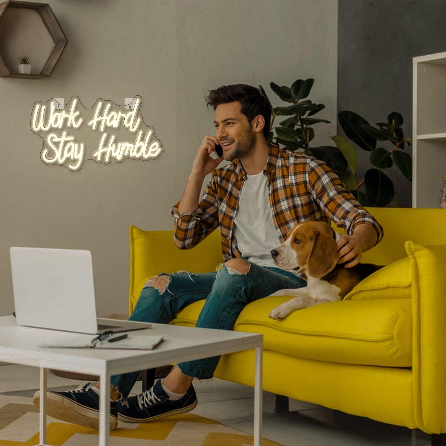 NOSUN Work Hard Stay Humble Neon Sign Warm White Neon Signs for Wall Decor with Dimmable Office LED Neon Signs Motivational Neon Lights for Bedroom Office Wall Apartment Study Decor Light Up Sign