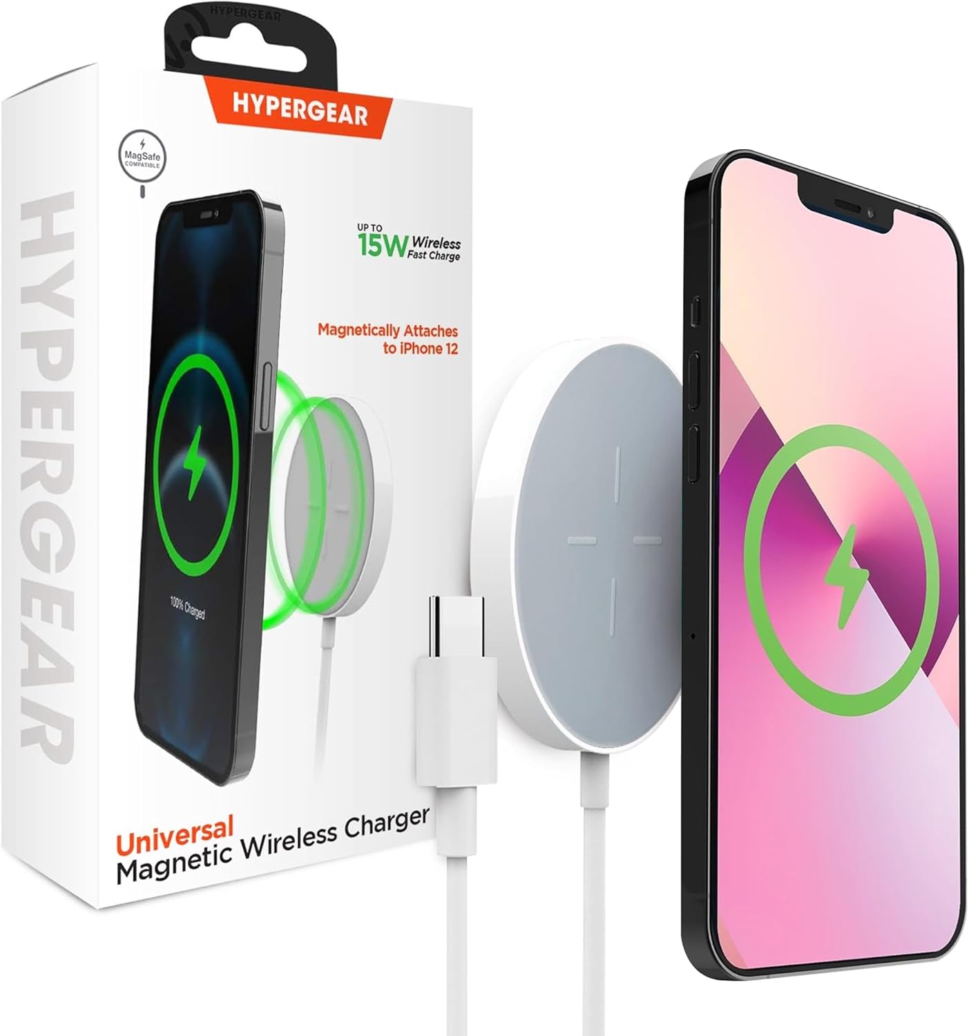 HyperGear Magnetic Fast Wireless Charger - Portable MagSafe Charging Pad, Instant Contact Charging Technology for iPhone Series - Compatible with All MagSafe Cases, Qi-Enabled Devices - White