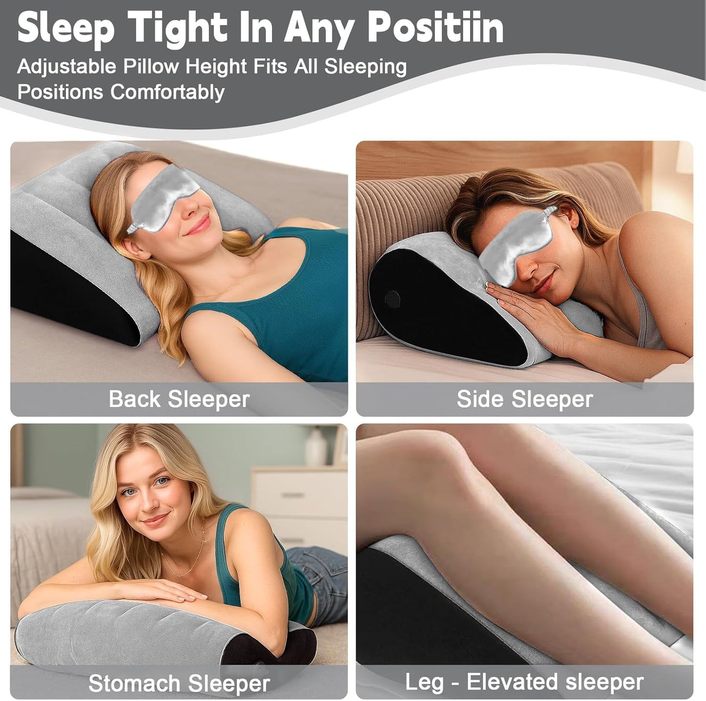TheClover Inflatable Wedge Pillow for Sleeping - Leg Elevating Pillow with Sleep Mask, Bed Wedge Pillow for Camping, Grey