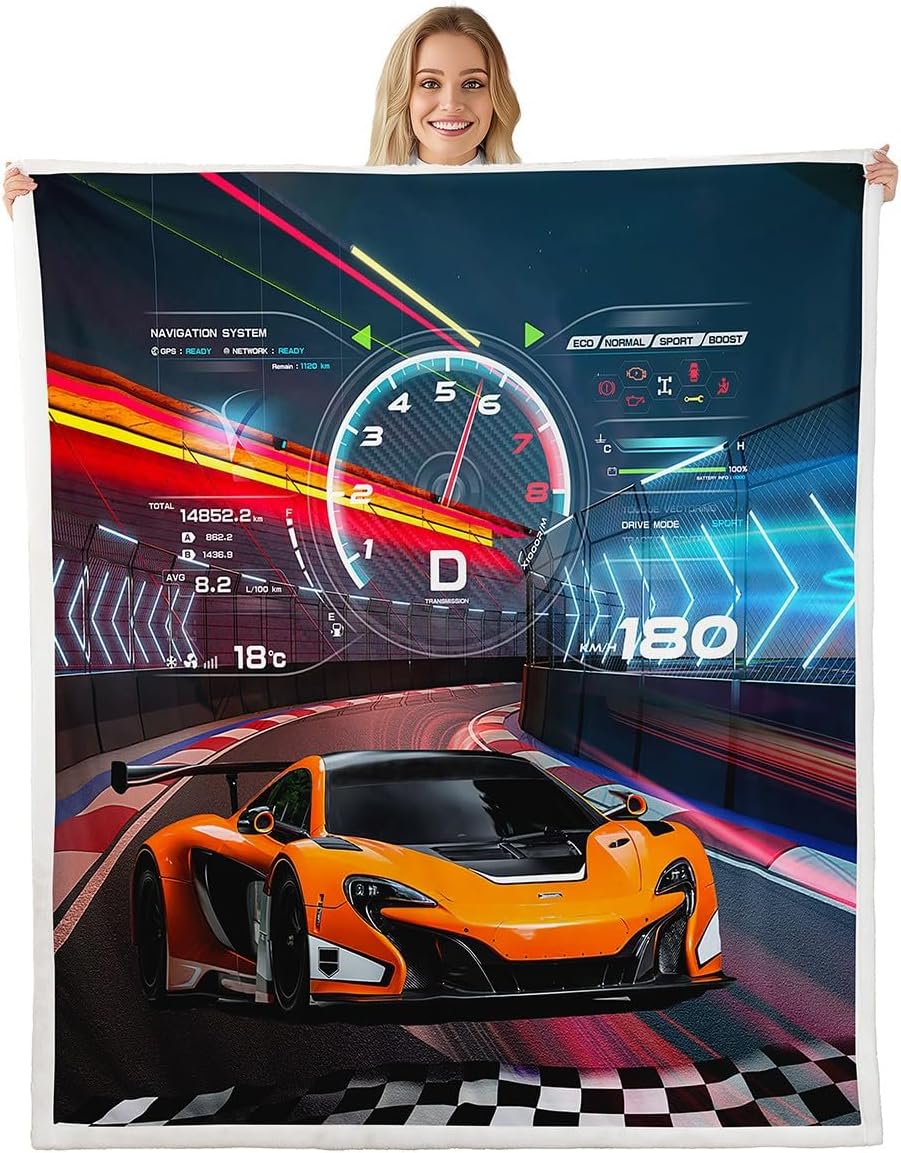 Feelyou Race Car Fleece Throw Blanket for Boys - Extreme Sports Sherpa Plush for Kids - Cool Fuzzy Blanket for Sofa, Bed, Couch - Queen Size 90x90 Inches