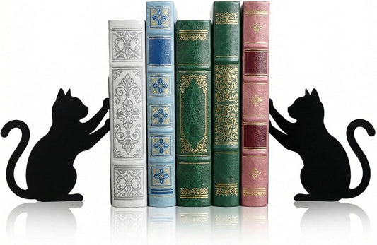 Hicarer Cat Metal Bookends Push Cat Bookends Cute Book Ends for Shelves Decorative Home Office Desk Bookshelf Gift for Reading Enthusiasts Family