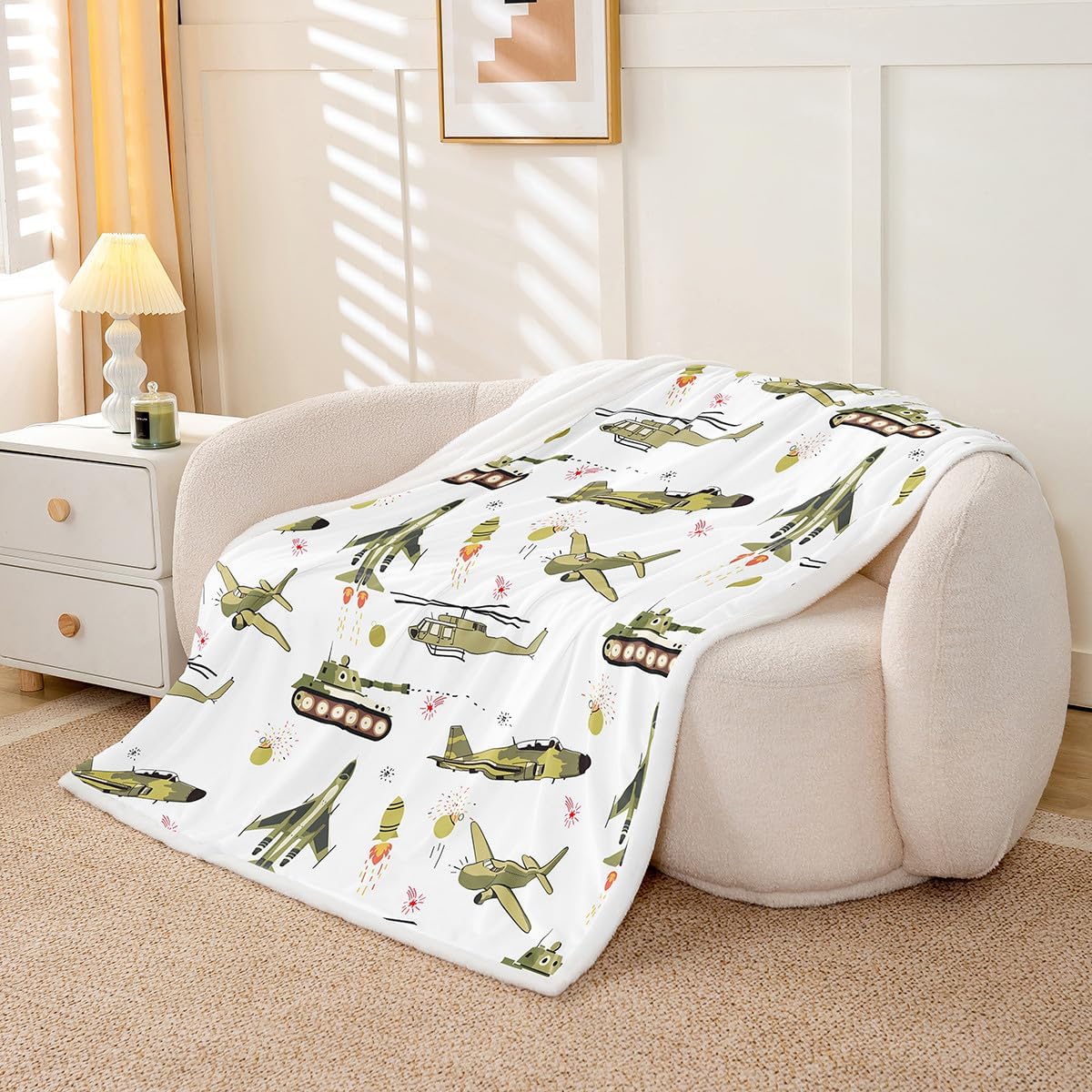 Feelyou Kids Blanket Cartoon Aircraft Print Fleece Blankets Boys Teens Military Airplane Pattern Fighter Tank Sherpa Throw Blanket for Couch Bed Sofa 30" x 40"