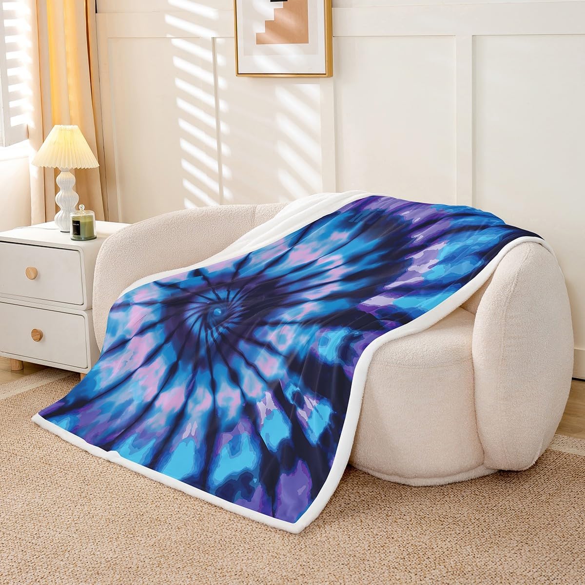 Tie Dye Fleece Blanket, Spiral Tie Dye Bed Blanket, Lightweight Super Soft and All Season Warm Fuzzy Plush Cozy Luxury Plush Blanket Microfiber, Gypsy Hippie Boho (Purple Blue) Queen 90"x90"