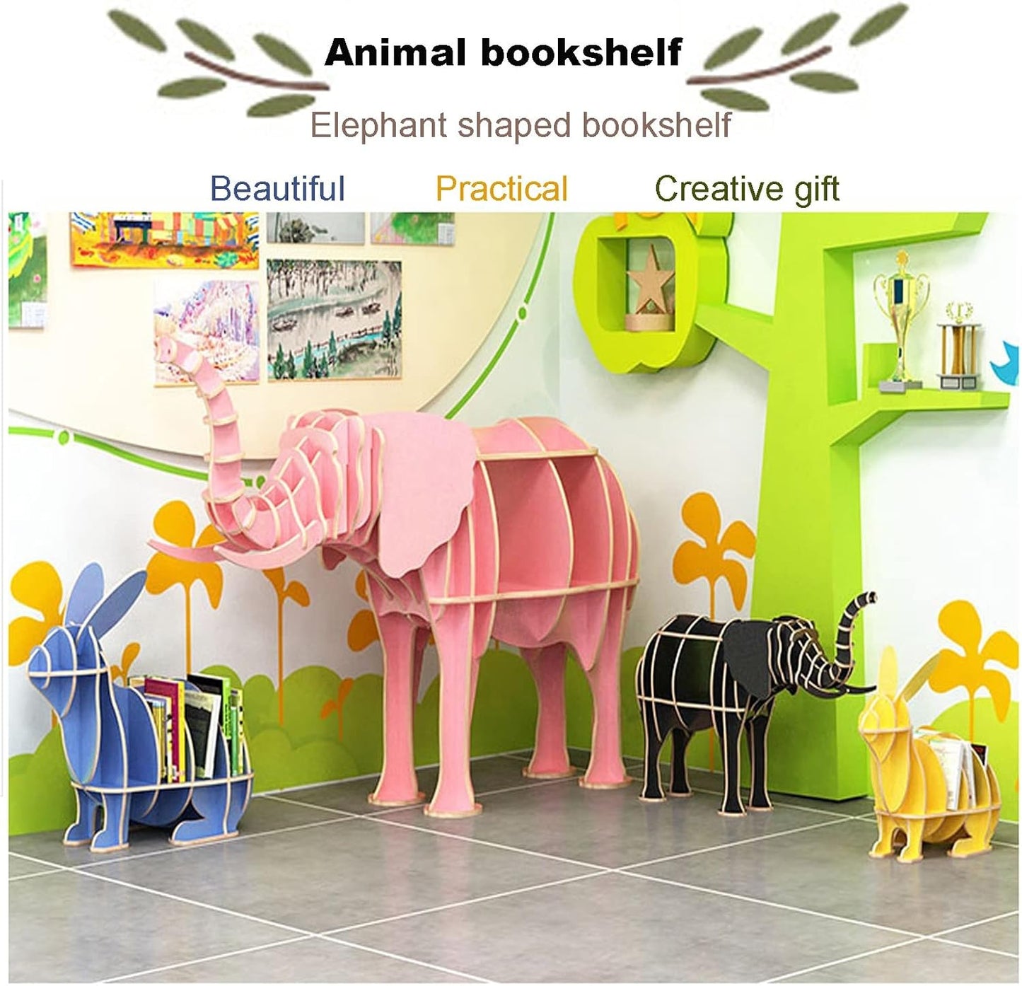 Wooden Bookshelf - Animal Shape Storage Bookcase, Pink Children Elephant Shape Vertical Display Stand, Shop Restaurant Floor Shelf Reading Storage Decoration Theme Side Table ()