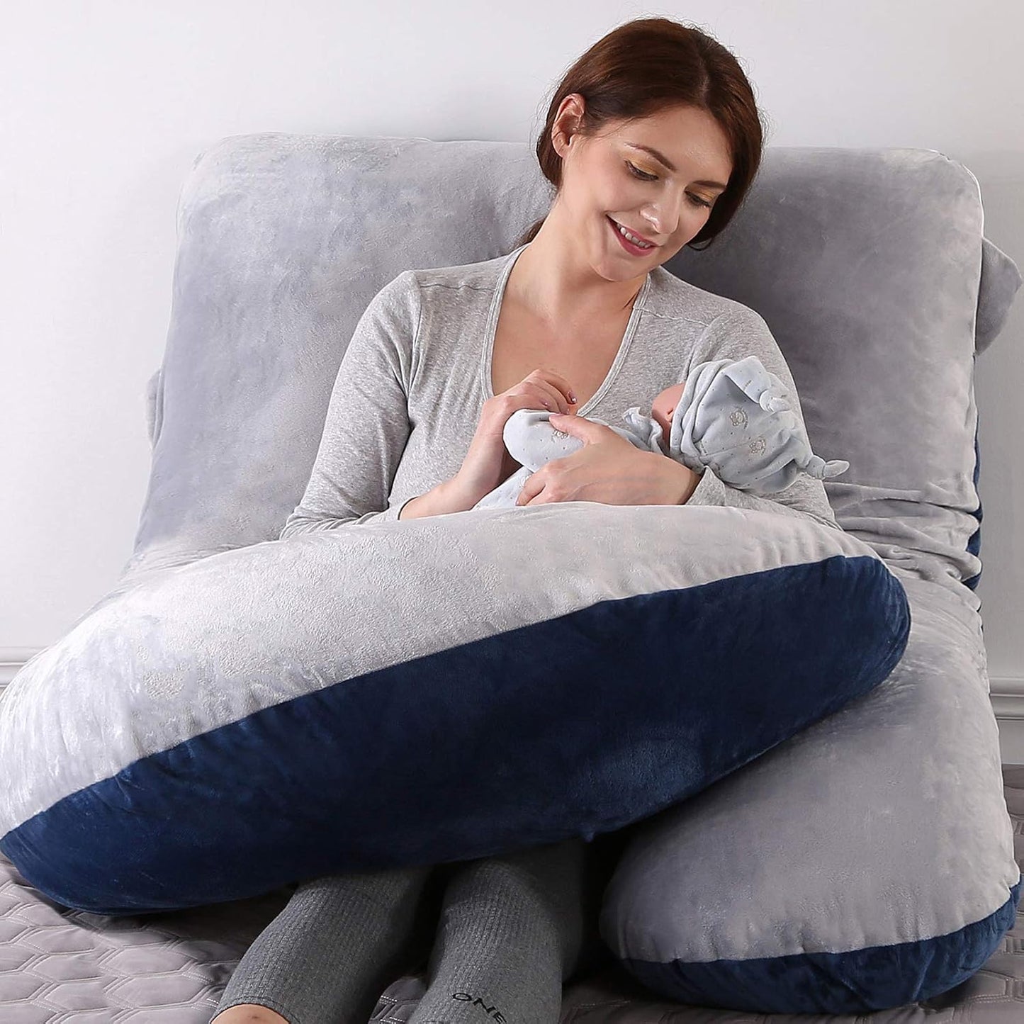Elover Pregnancy Must Haves Pregnancy Pillow U-Shaped Full Body Maternity Support Pillow for Pregnant Women with Replaceable and Washable Velvet Cover Size 57" (Blue-Grey, Velvet)