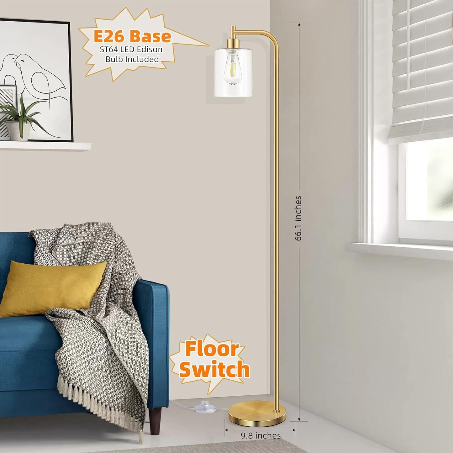 Industrial Floor Lamp with Hanging Glass Shade Brass Gold Farmhouse Indoor Pole Light with Edison E26 Base Vintage Rustic Standing Tall Lighting for Living Room Bedroom Office( ST64 Bulb Included)