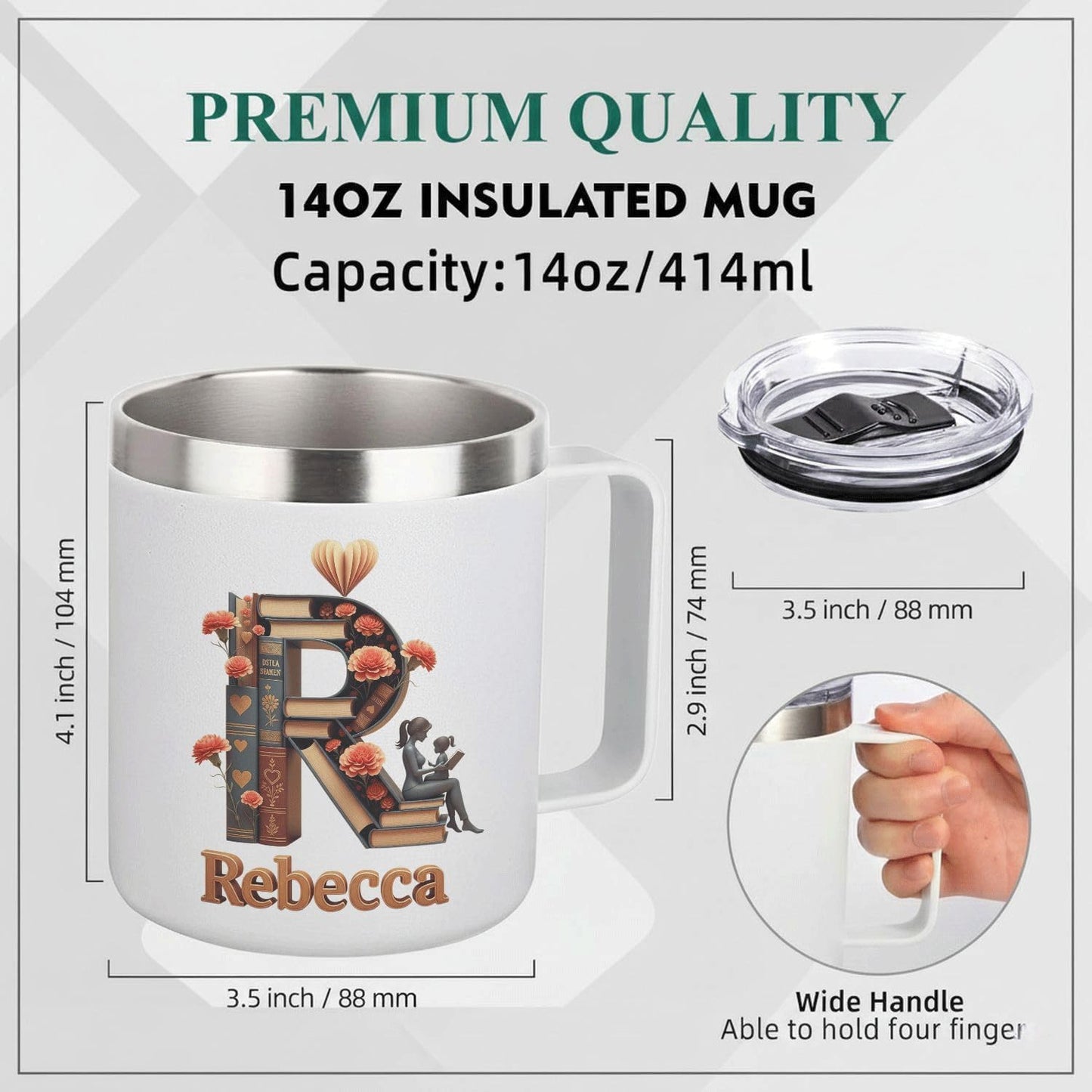 Personalized Book Lover Coffee Mug with Initial & Name - 14oz Insulated Stainless Steel Tumbler with Handle and Lid - Custom Reading Gifts for Women, Her, Bookworms, Librarians