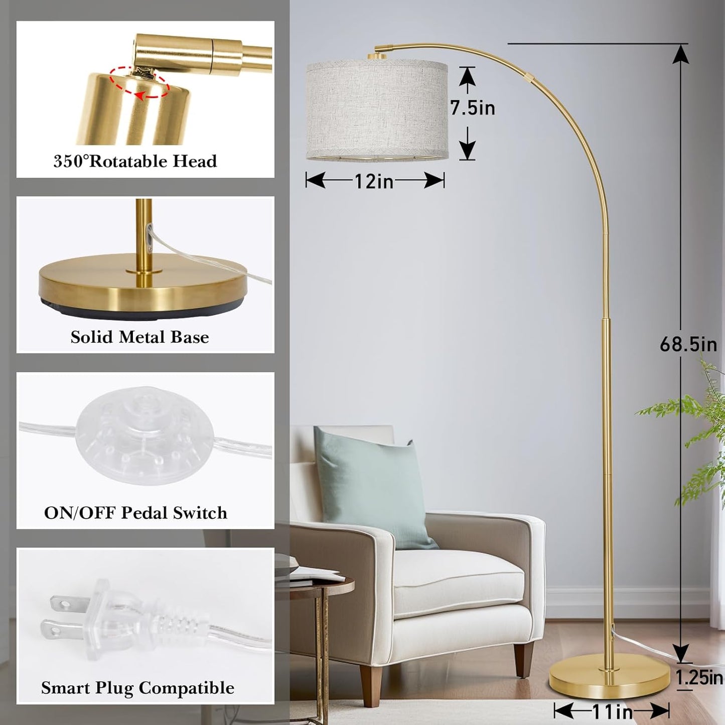 Gold Arc Floor Lamp for Living Room, Floor Lamp with Adjustable Drum Lampshade, Modern Tall Standing Lamp with Foot Switch, Over Couch Arched Pole Lamps for Reading Bedroom, 8W LED Bulb Included