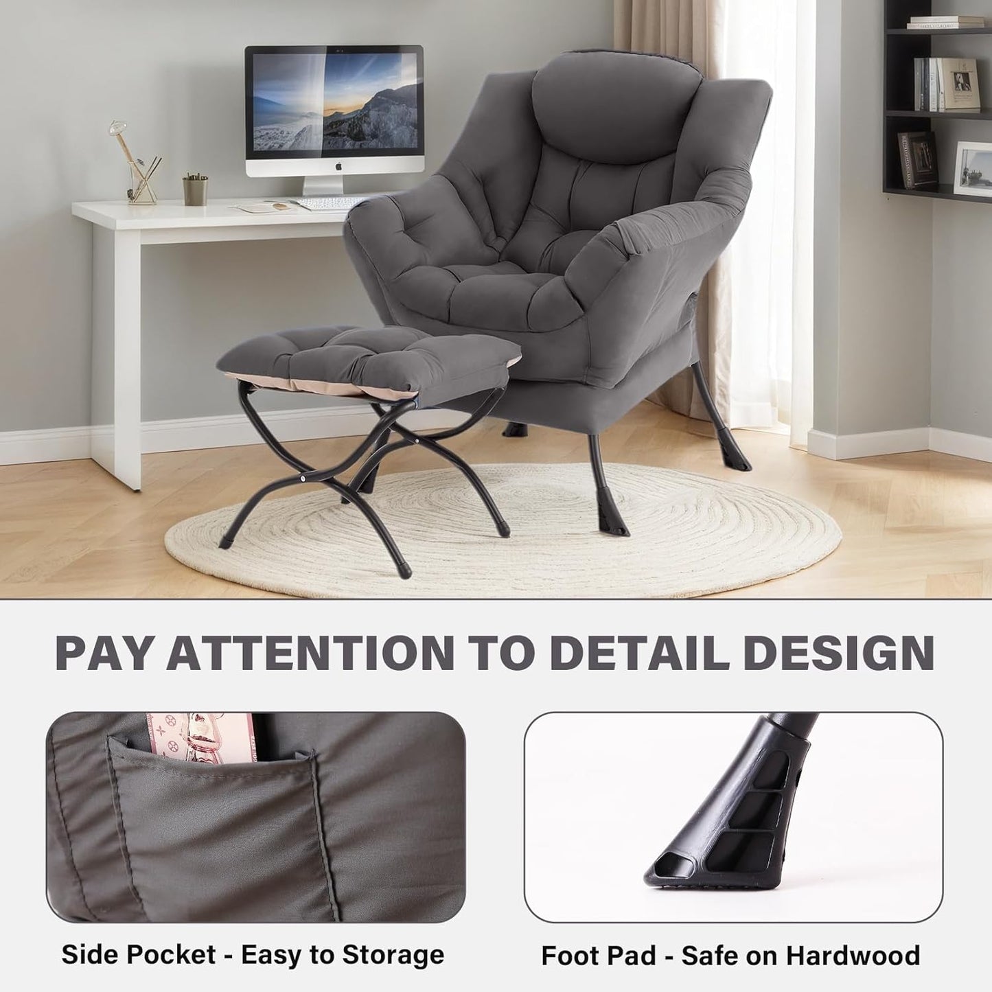 Tiita Lazy Chair with Ottoman, Gray Modern Large Accent Chair, Comfy Leisure Sofa Armchair with Ottoman, Reading Chair with Footrest for Bedroom, Living Room, Dorm Rooms, Garden Dark Grey
