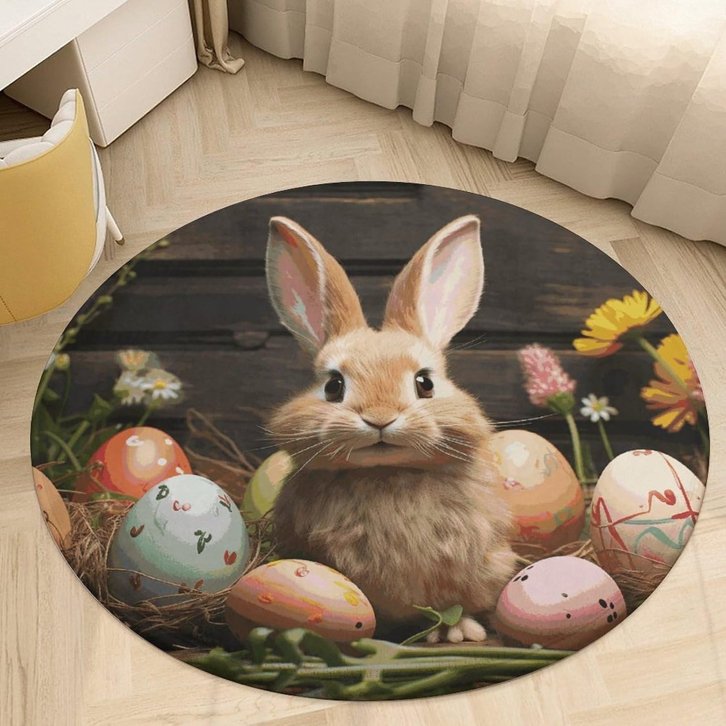 Easter Egg Bunny Circle Rug Retro Luxury Coral Velvet Floor Mat Non Slip Soft Indoor Floor Carpet Comfy Thickened Area Rugs Modern Aesthetic Minimalist Carpets for Home Decor