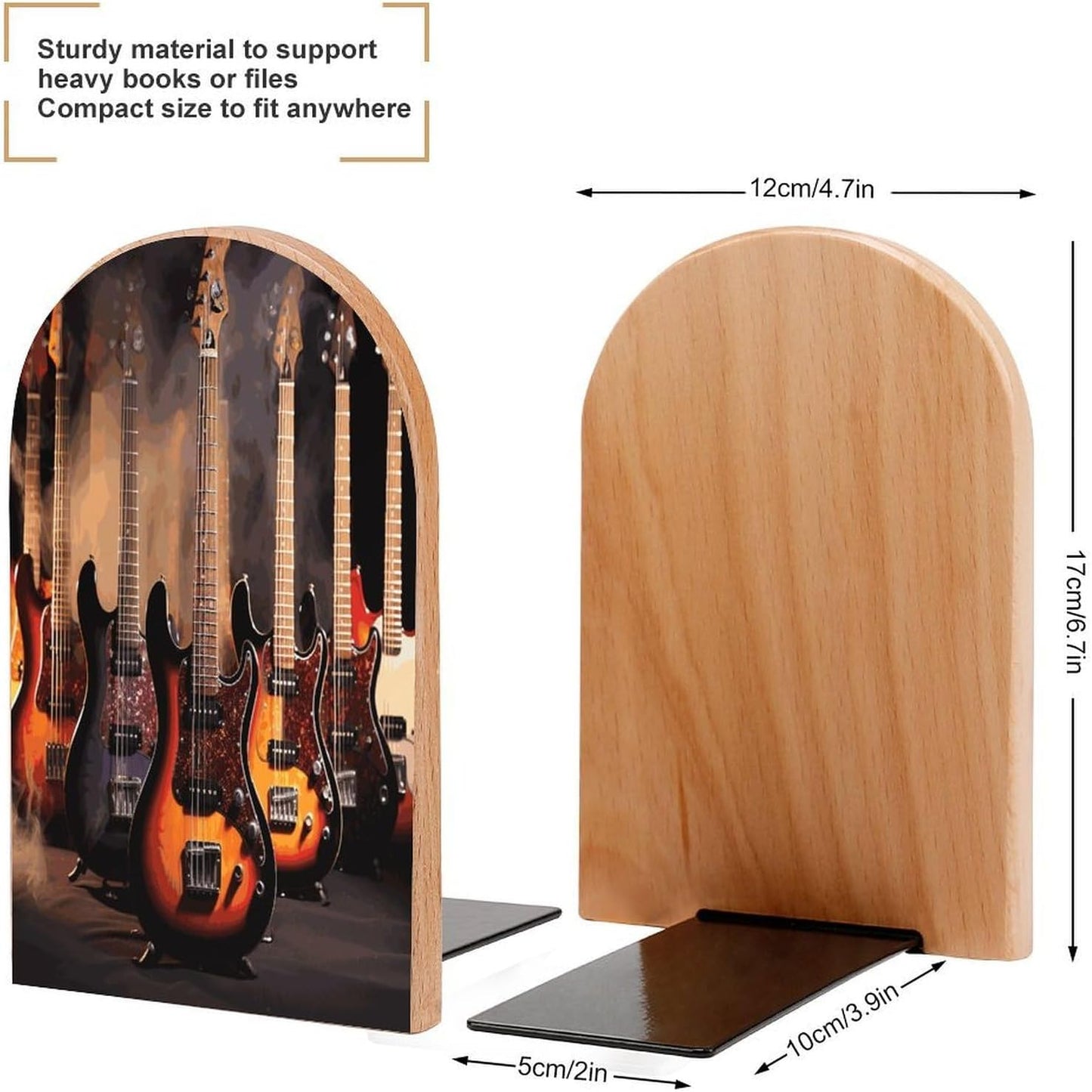 Cool Electric Guitar Bookend for Shelves Wooden Book End Large Size Sturdy Book Holders Stoppers with Metal Base for Bookshelves Slick Decorative Bookends Stands