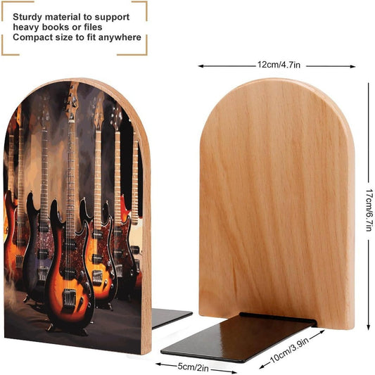 Cool Electric Guitar Bookend for Shelves Wooden Book End Large Size Sturdy Book Holders Stoppers with Metal Base for Bookshelves Slick Decorative Bookends Stands