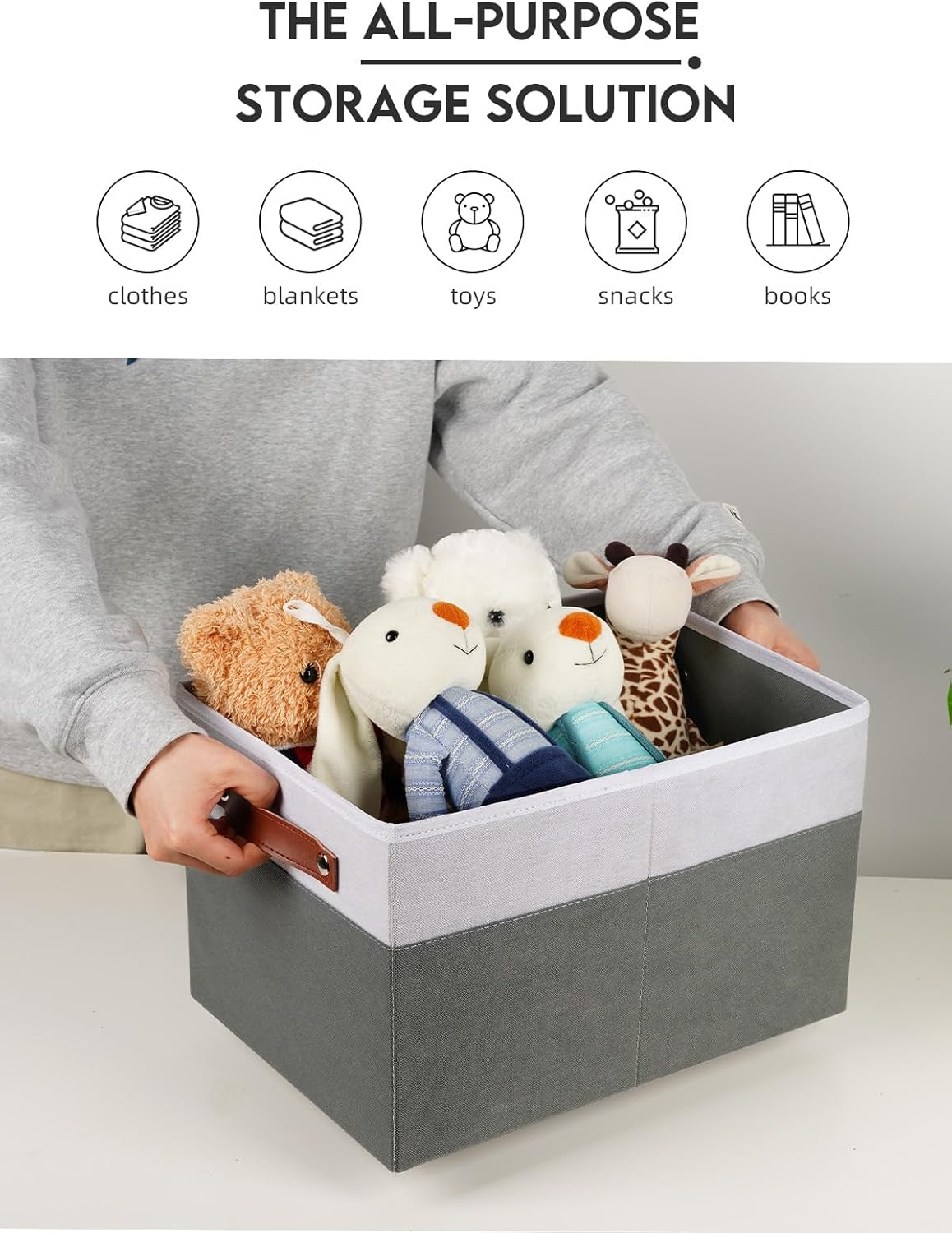[6-Pack] Fabric Storage Bins (15x11x9.5”) – Reinforced 2.5mm Cardboard Shelf Bins with PU Leather Handles – Durable Storage Baskets for Closet Organization, Toy Organizer, & Home Office – White&Grey