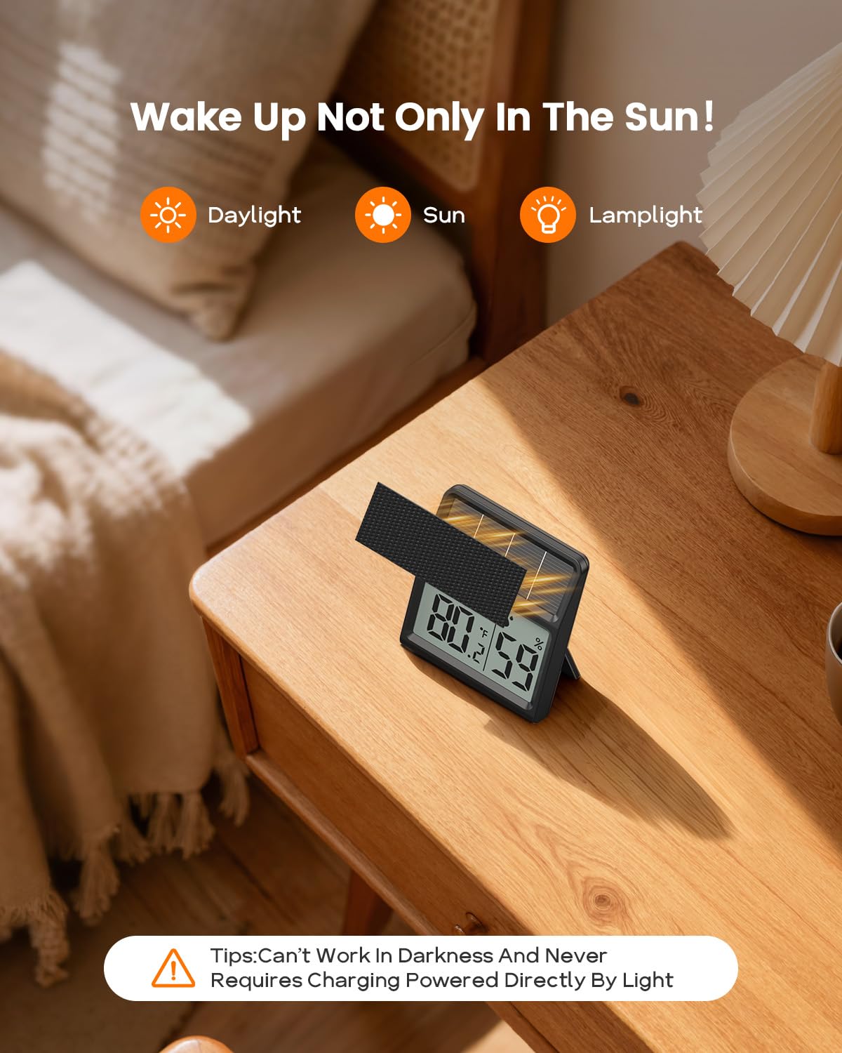 Digital Indoor Thermometer & Hygrometer, Light Powered (No Rechargeable Batteries Runs Only on Real-time Light Exposure) Solar Indoor Temperature and Humidity Monitor, Humidity Gauge