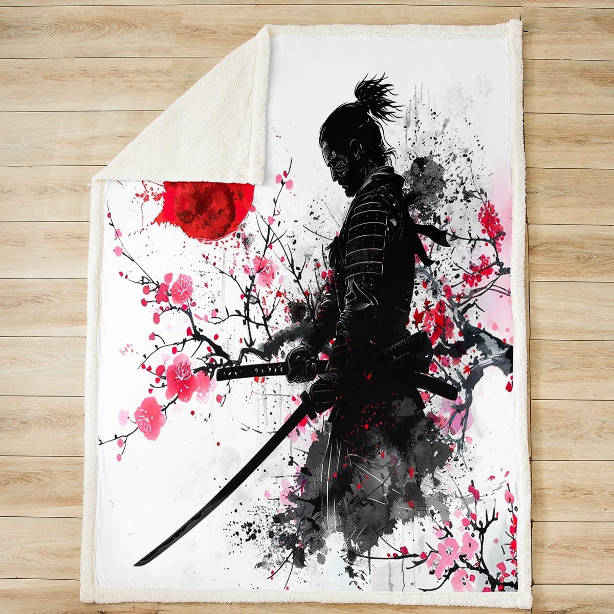 Feelyou Japanese Samurai Fleece Throw Blanket Twin 60"x80" Kids Cherry Blossoms Plush Blanket for Boys Girls Teens Red Sun Pattern Home Decor Sherpa Blanket Fuji Mountain Fuzzy Blanket