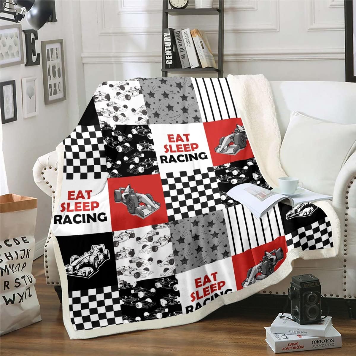 Race Car Fuzzy Blanket Racing Vehicle Speed Games Throw Blanket Extreme Sports Fleece Blanket for Boys Men Racer, Racing Checkered Patchwork Theme Flannel Blanket Baby Size, Red Black White