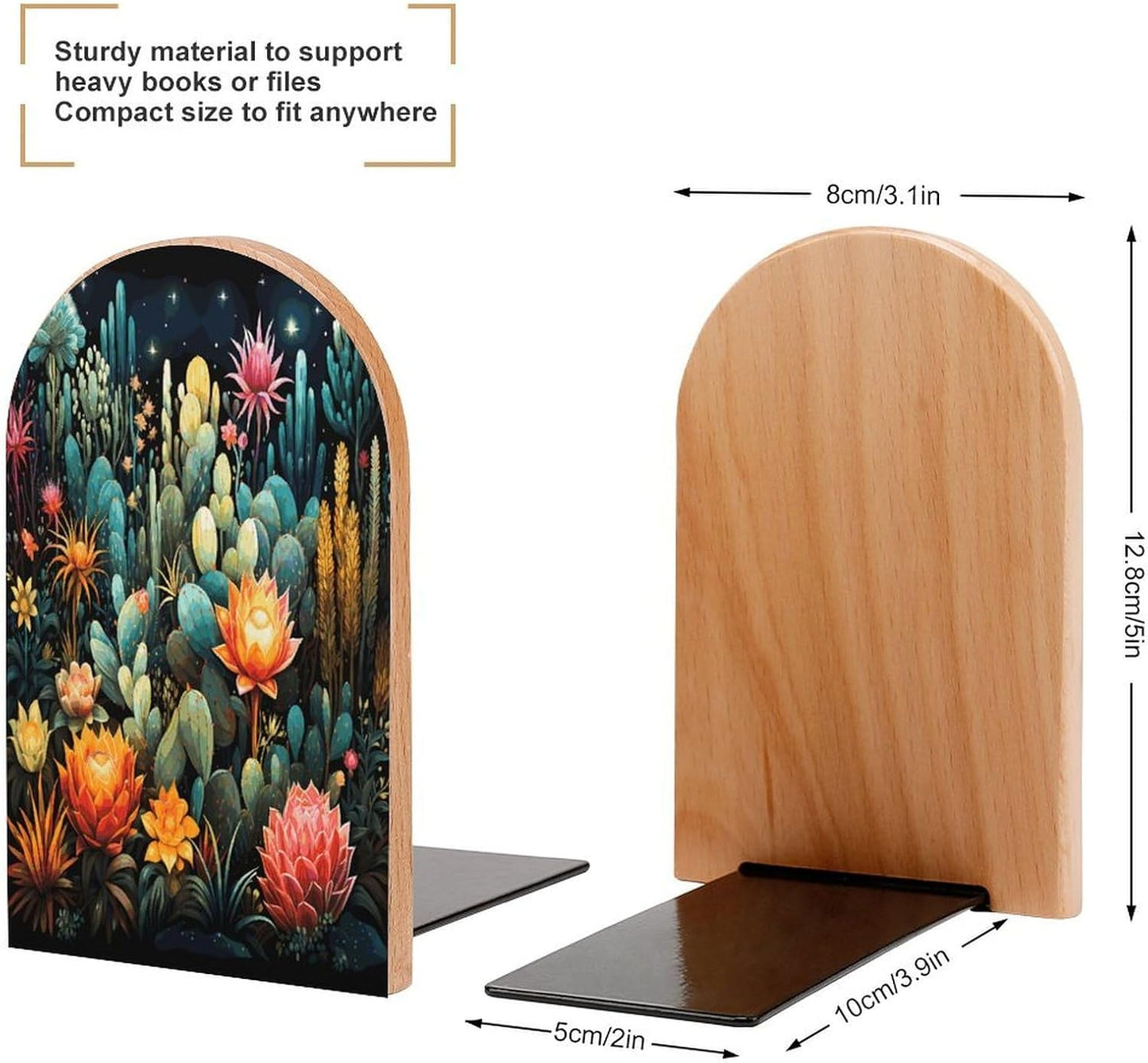 Colorful Cactus Pattern Bookends 1 Pair Heavy Duty Book Ends for Shelves Non-Skid Bookend Supports Wooden Book Holders with Metal Base Desk Organizers Books Storage to Hold Books