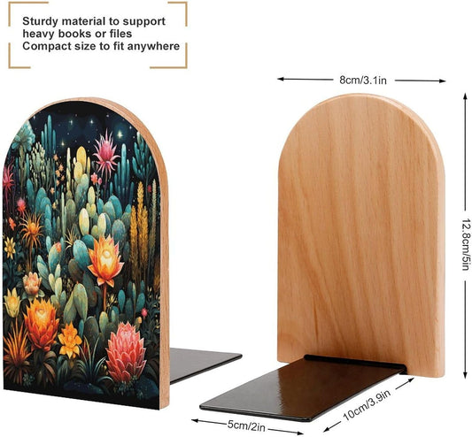 Colorful Cactus Pattern Bookends 1 Pair Heavy Duty Book Ends for Shelves Non-Skid Bookend Supports Wooden Book Holders with Metal Base Desk Organizers Books Storage to Hold Books