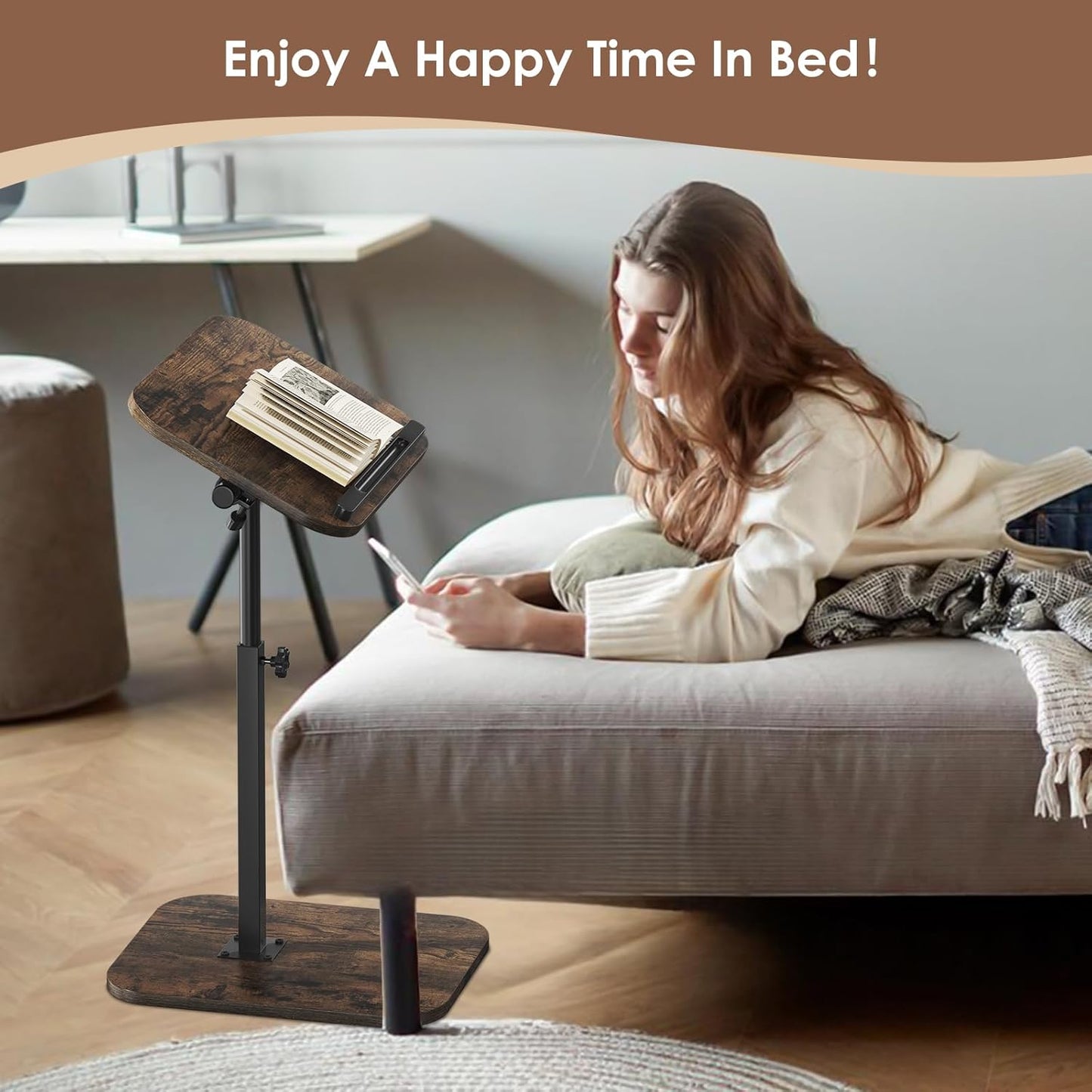 Side Table Sofa Tv Tray Height Adjustable C Shaped End Table 360° Swivel Overbed Living Room Couch Table, Rustic Brown