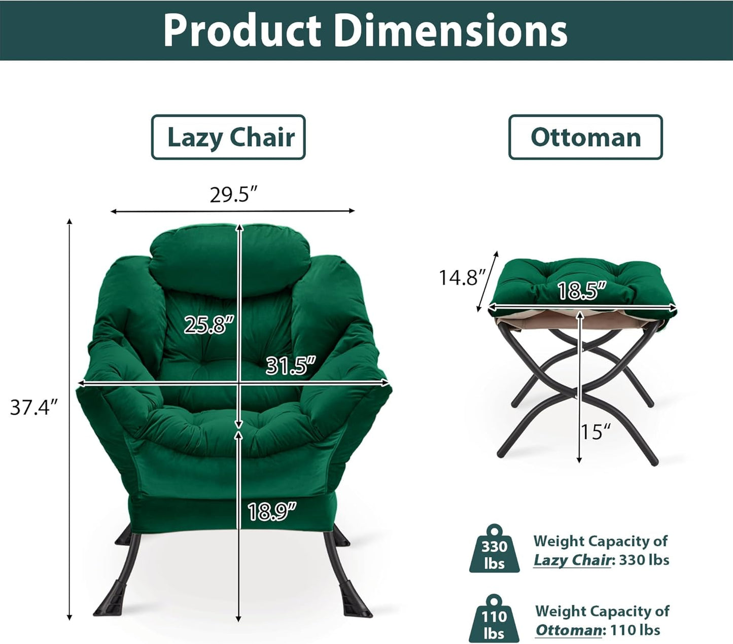 Lazy Chair with Folding Ottoman, Accent Chair Velvet Upholstered with Metal Structure and Non-Slip Pads, Sofa Armchair with Footrest and Side Storage Bag for Dorm, Room, Office, Green