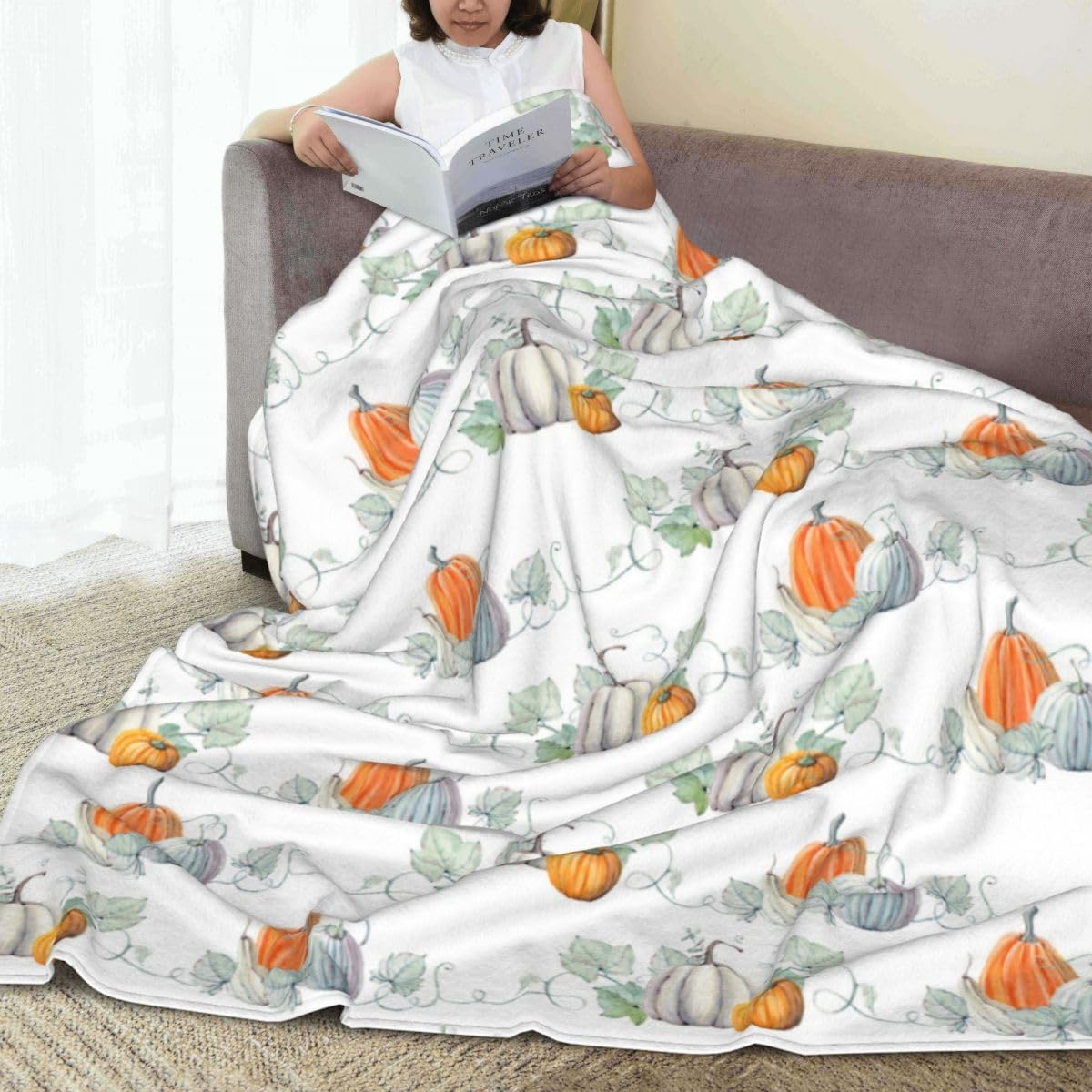 Fall Pumpkin Throw Blanket, Watercolor Blue and Orange Pumpkin Pattern, Warm Soft Cozy Flannel Bed Blankets, Modern Farmhouse Decor for Bed, Couch, Sofa and Chair, 60 x 80 inches