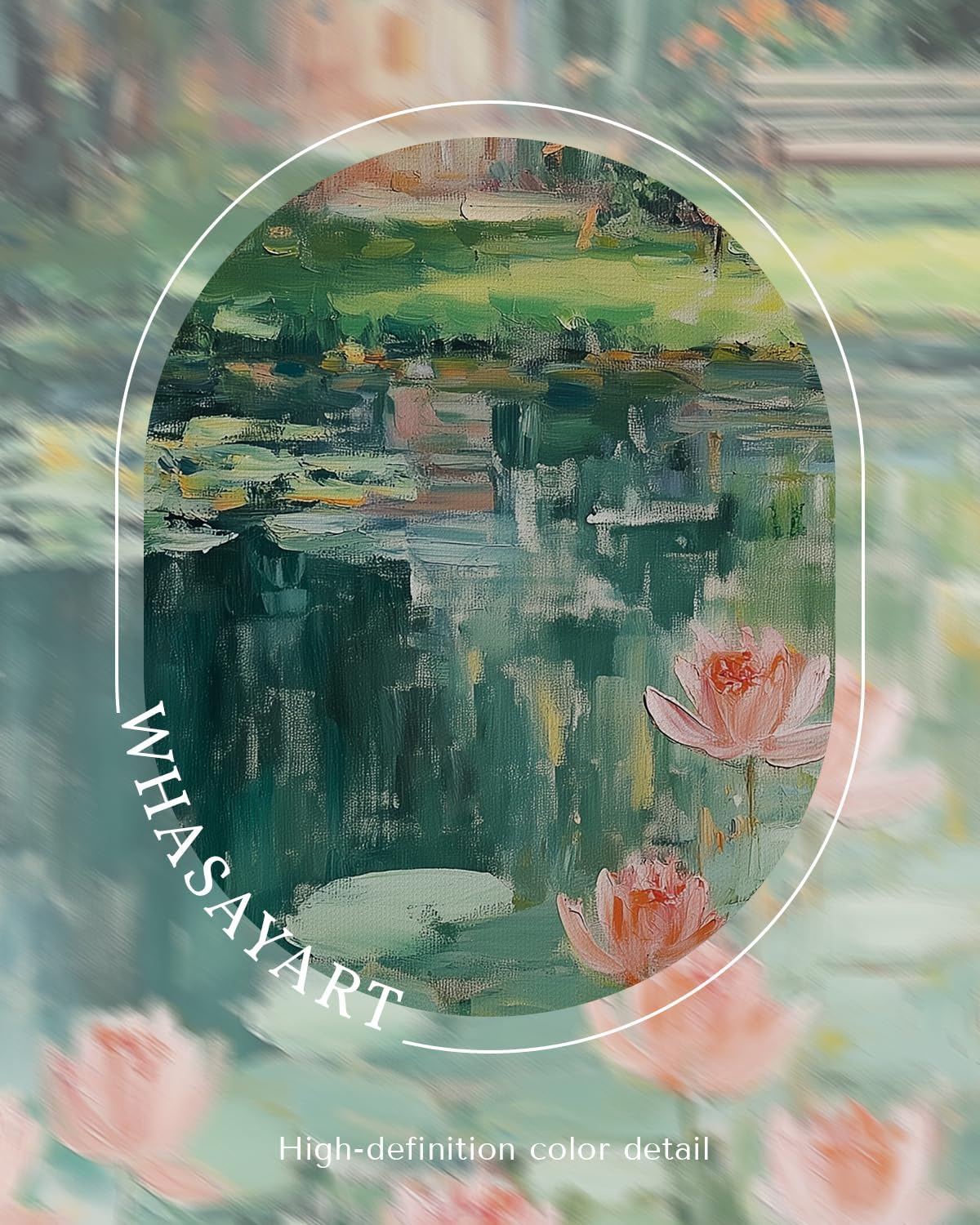 WHASAYART Vintage 12x16 Framed Lotus Pond Floral Wall Art, Monet-Inspired Water Lily Canvas Print, Impressionist Garden Bench Landscape Oil Painting for Living Room Bedroom Entryway Office Decor