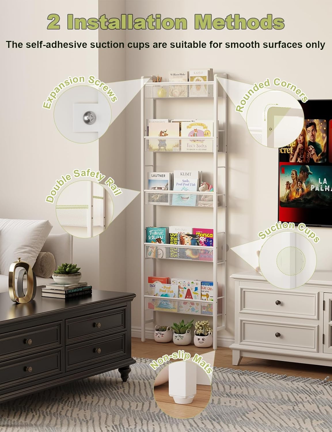 B8 Kids Bookshelf Wall Mounted, 5-Tier Wall Bookshelf for Kids, Children's Bookcases Organizer for Toys and Books, Metal Toddler Book Shelves for Nursery, Bedroom, Living Room, White