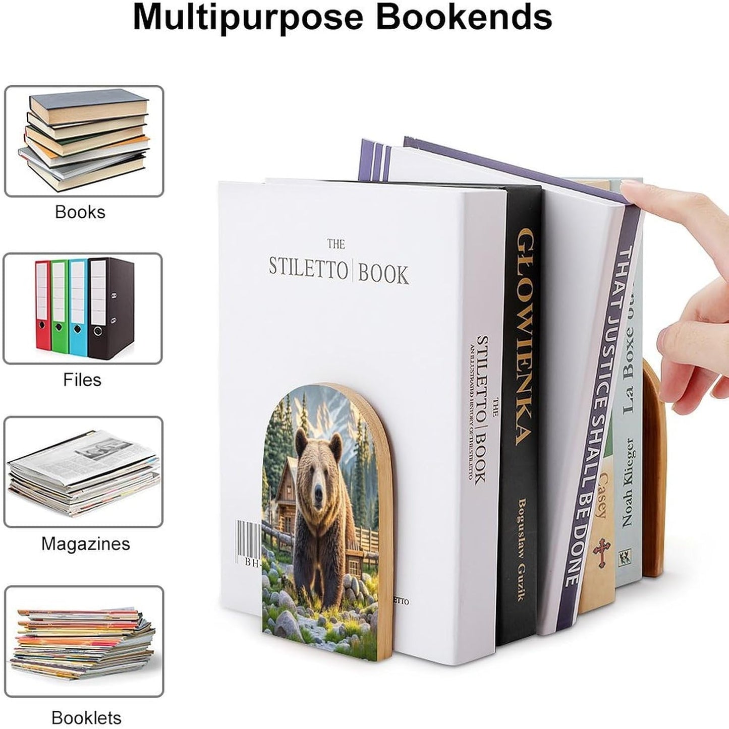 Rustic Lodge Bear Bookends 1 Pair Heavy Duty Book Ends for Shelves Non-Skid Bookend Supports Wooden Book Holders with Metal Base Desk Organizers Books Storage to Hold Books