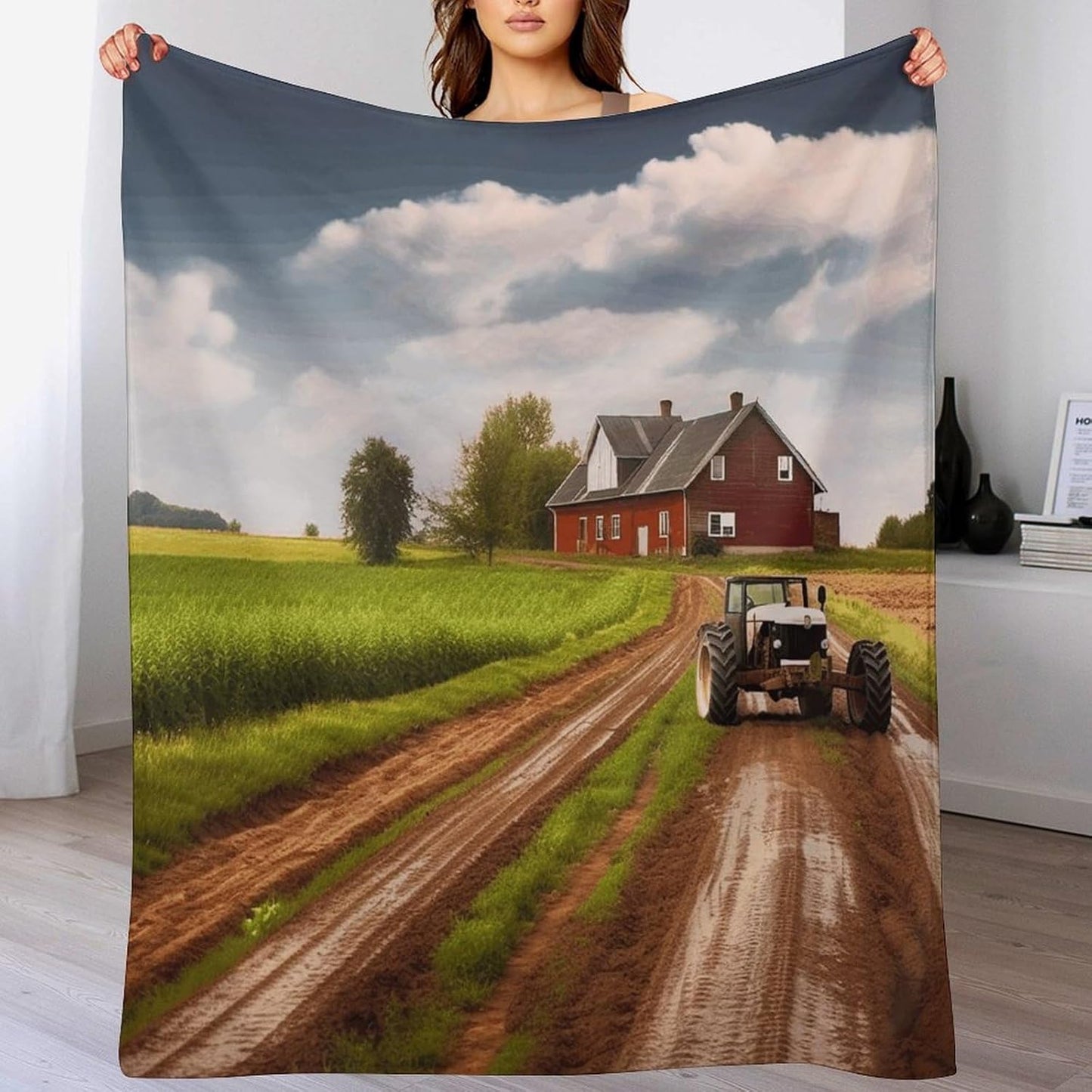 Country Road with Farm And Tractor Throw Blanket for Couch Super Soft Warm Lightweight Throw Blankets Cozy Flannel Bed Blanket Cute Decorative Blankets for All Seasons Home Decor Gift 40"*50" （100*130