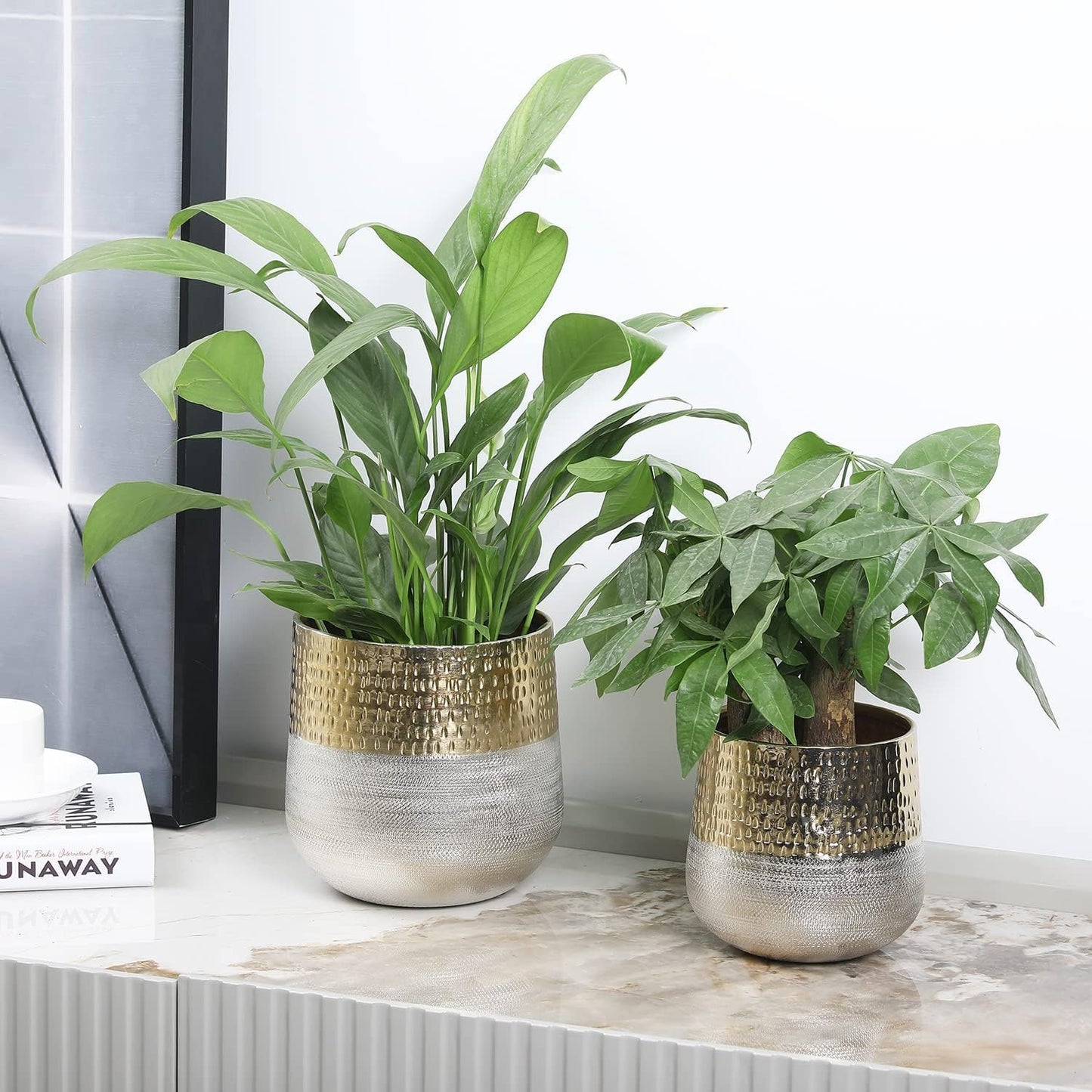 MyGift Round Two-Toned Indoor Planter Pot, Hammered Brass and Milled Embossed Silver Tone Metal Planter Vase, Set of 2 - Handcrafted in India