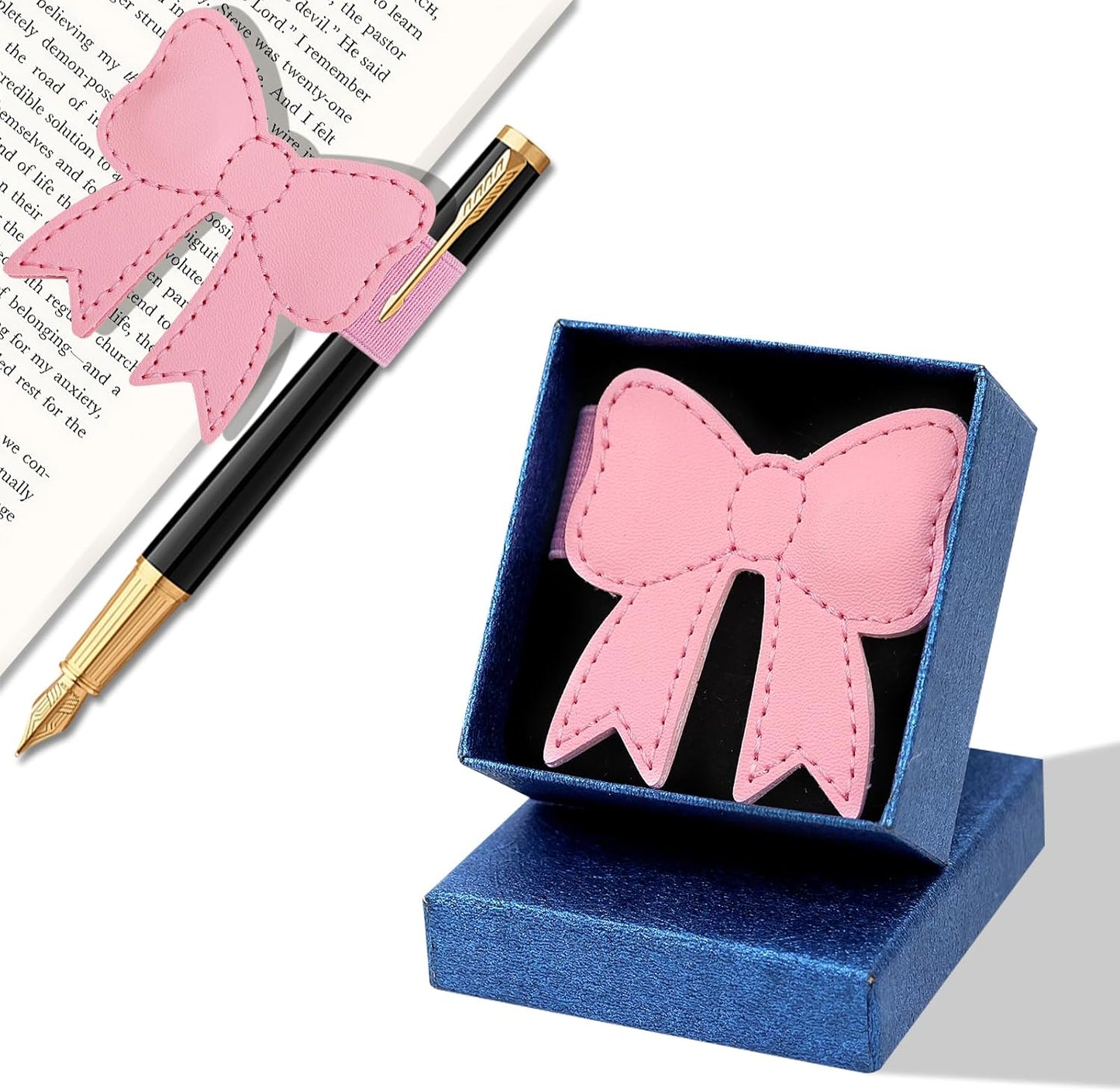 2 PCS Megnatic Leather Heart Bookmarks with Pen Holder, Bow-Shaped Bookmarks with Gift Box for Reading Women, Book Marks Clip Gift for Book Lover Readers