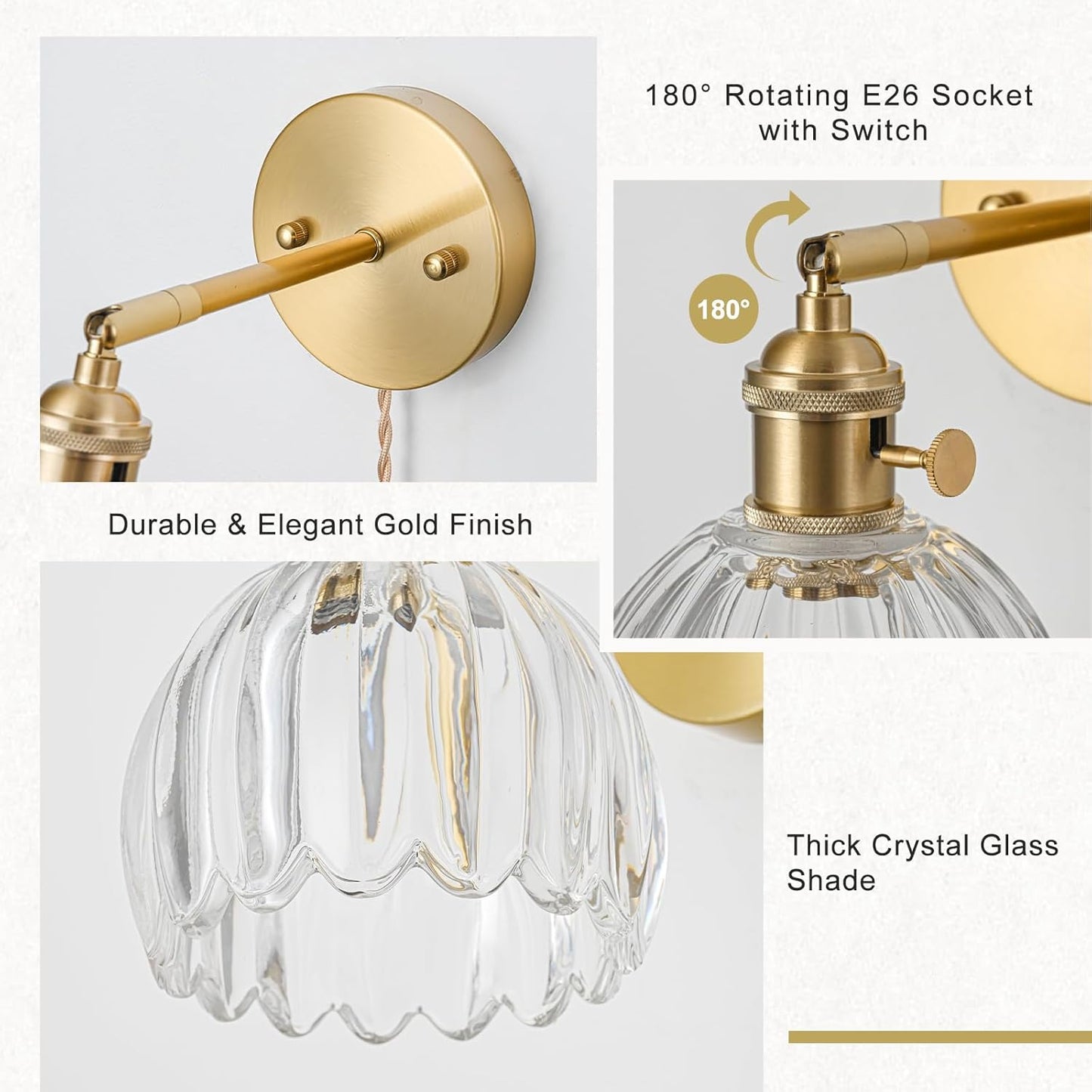 Plug in Wall Sconce, Vintage Sconce Light with Tulip Transparent Glass Lampshade, Bedside Wall Sconce with Switch and Plug in Wall Lamp Cord, Gold Wall Light for Bedroom