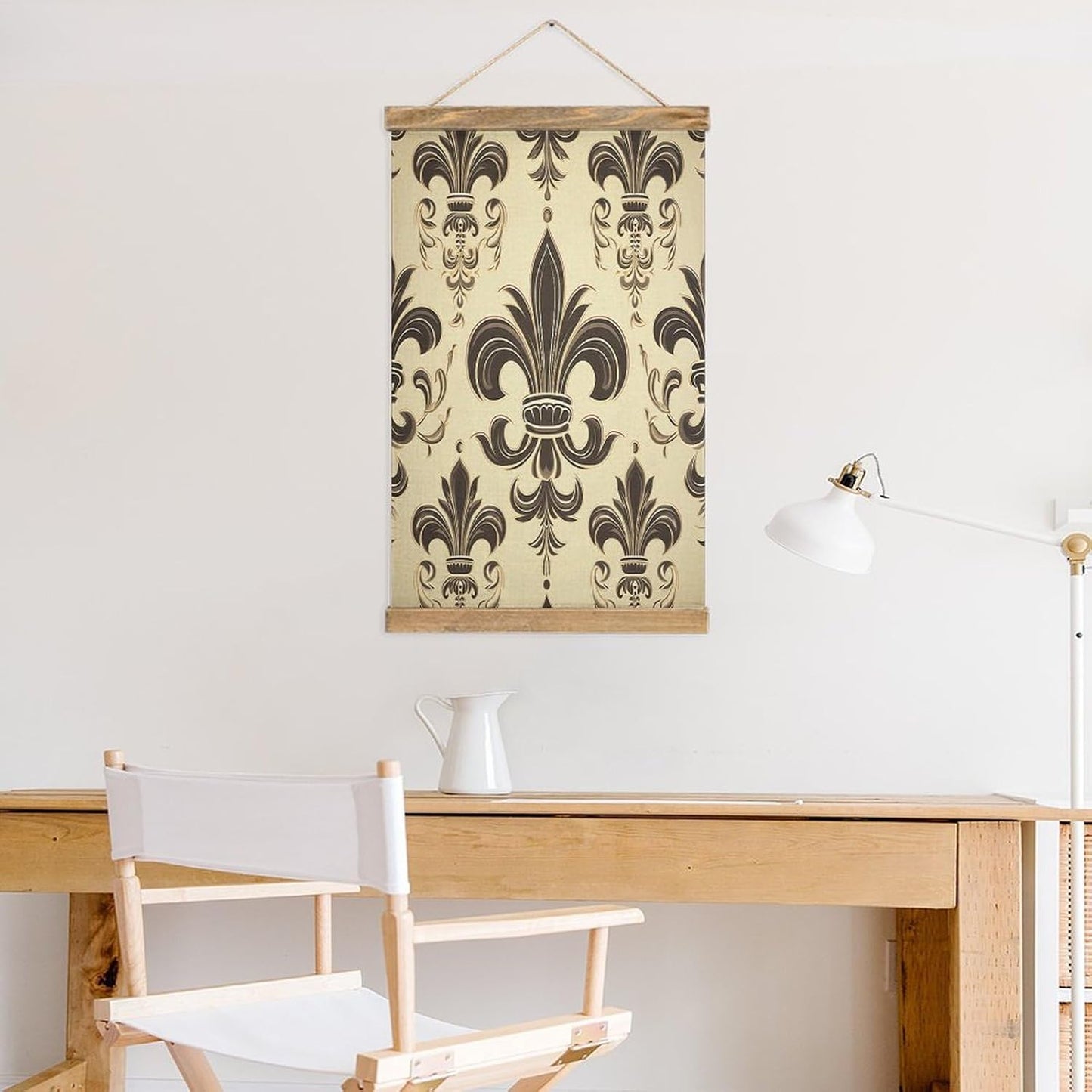 Vintage Fleur-de-Lis And Coat Arms Knight Poster with Wooden Frame Personalized Linen Hanging Scroll Painting Rustic Wall Hanging Illustrative Modern Artwork Decor for Home Living Room Bedroom Office