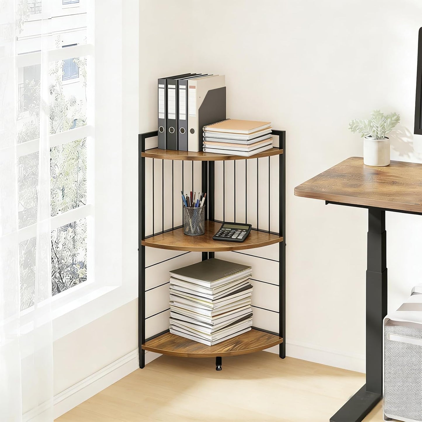 Corner Shelf 3 Tier Small Bookshelf Display Storage Stand with Metal Frame for Bathroom Bedroom Kitchen Living Room Home Office