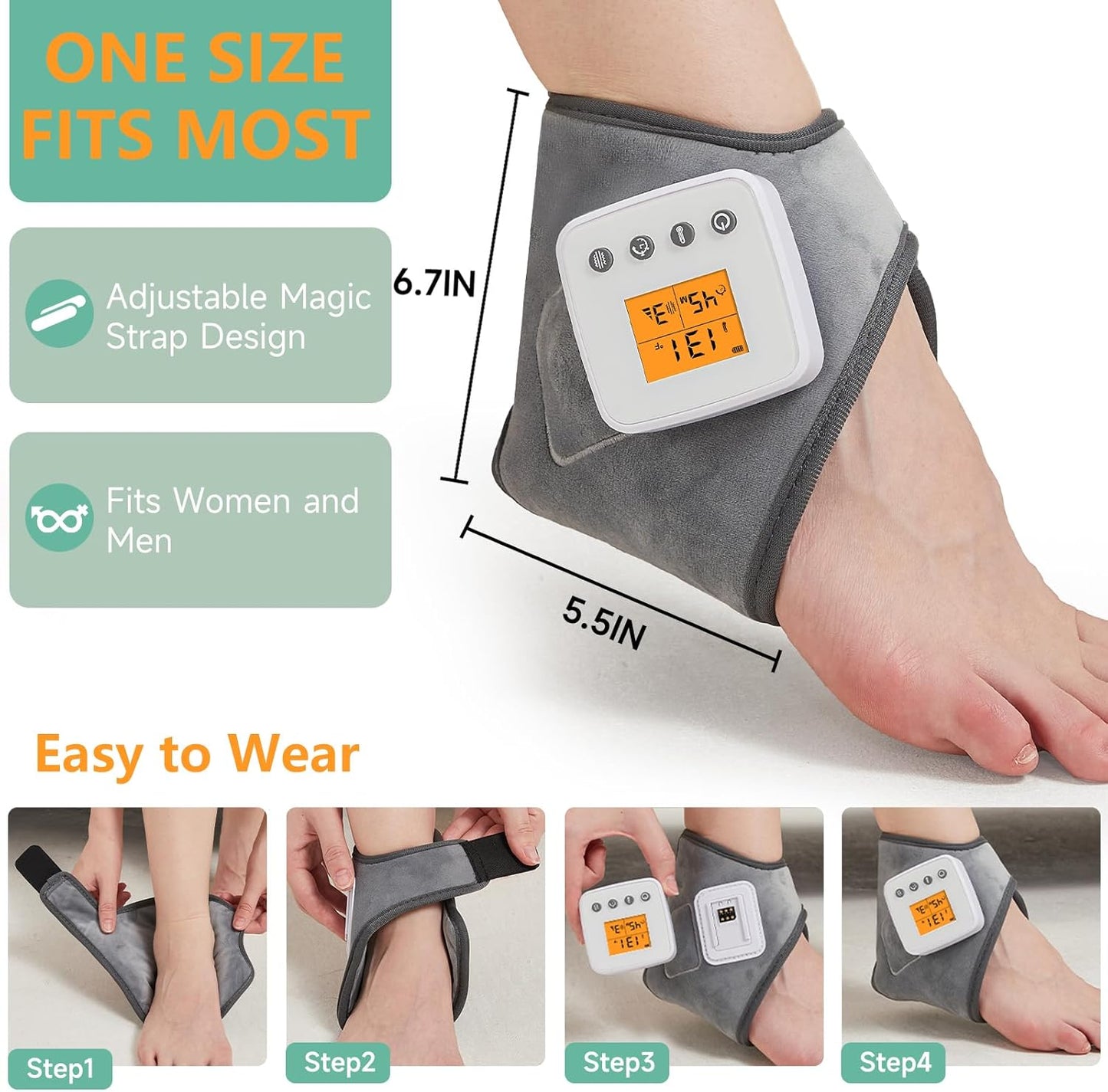 Rechargeable Cordless Ankle Massager with Heat, Heated Foot Massager for Plantar Fasciitis & Achilles Tendinitis Pain Relief, 3 Vibration & Heat Modes, Auto Shut-Off