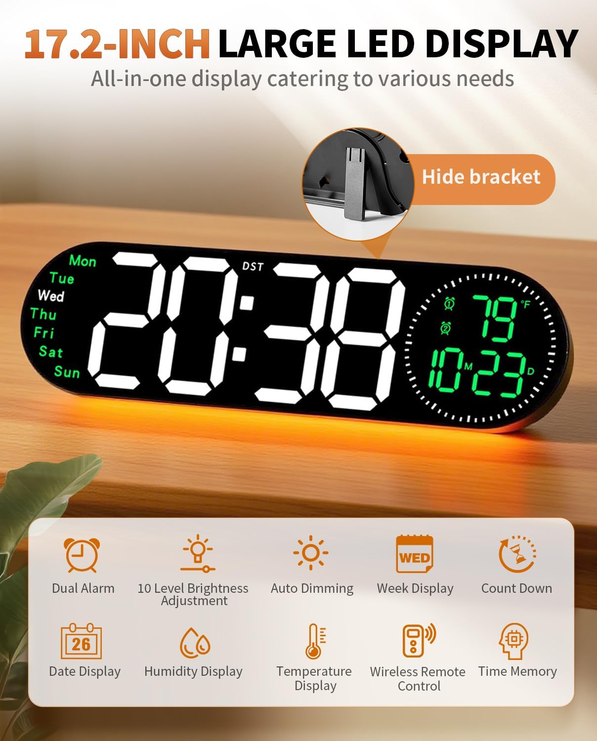 17.2 Inch Large Digital Wall Clock with 9 Color Changing Remote Control, Date Week Temperature, Auto Brightness Dimmer Big Clock Night Lights,Green